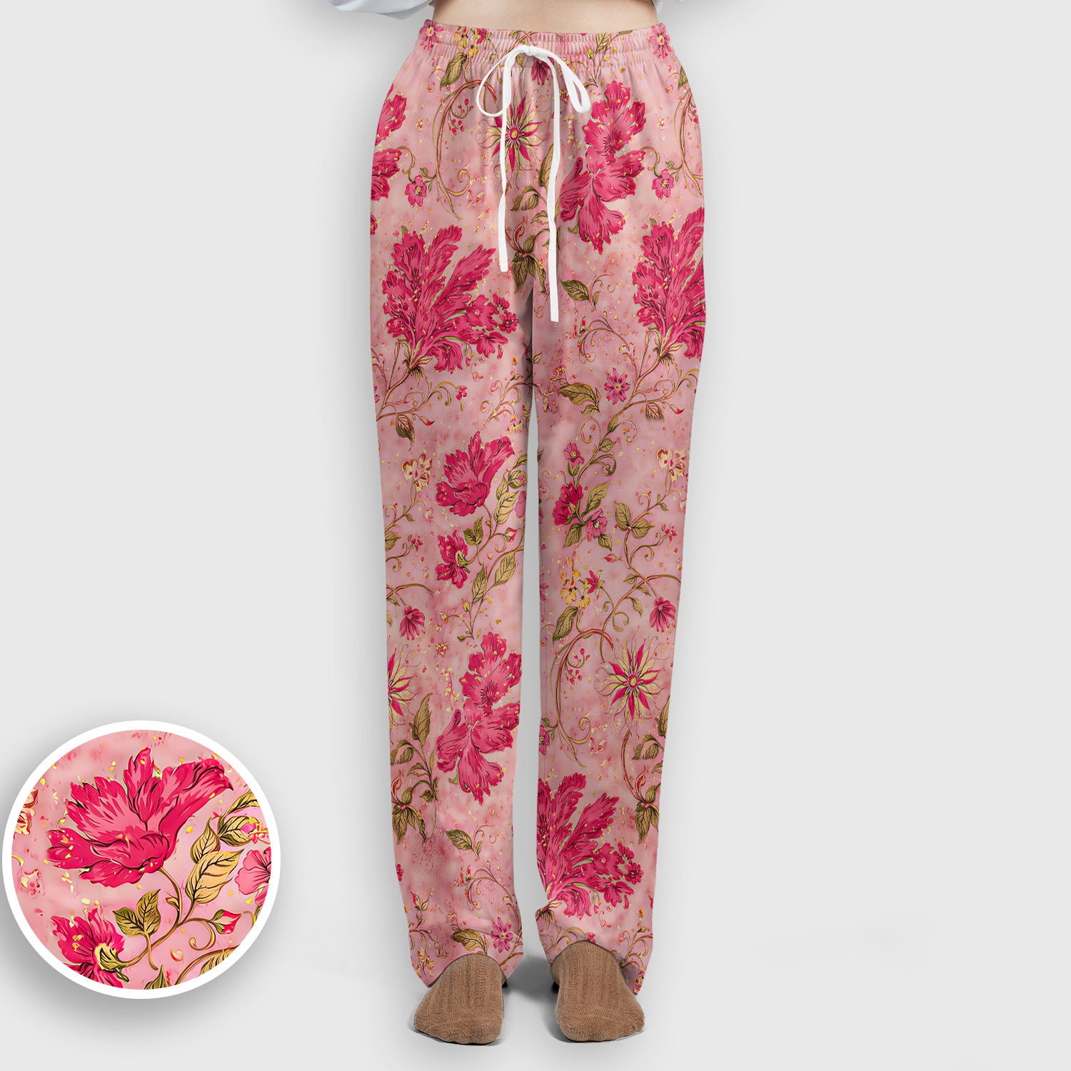 Elegant Pink Floral Vine Pattern Scrub Set, Women's Scrub Sets