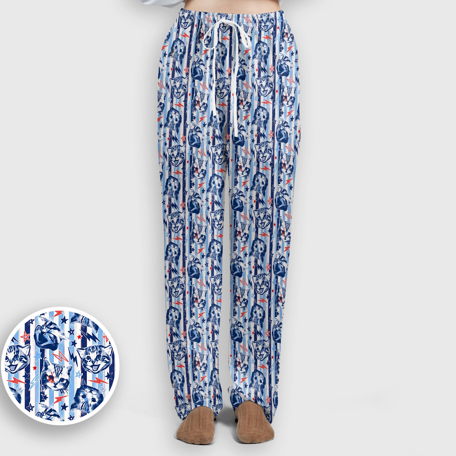 Cute Cat Faces With Lightning Print Scrub Set, Scrub Pants and V Neck Top