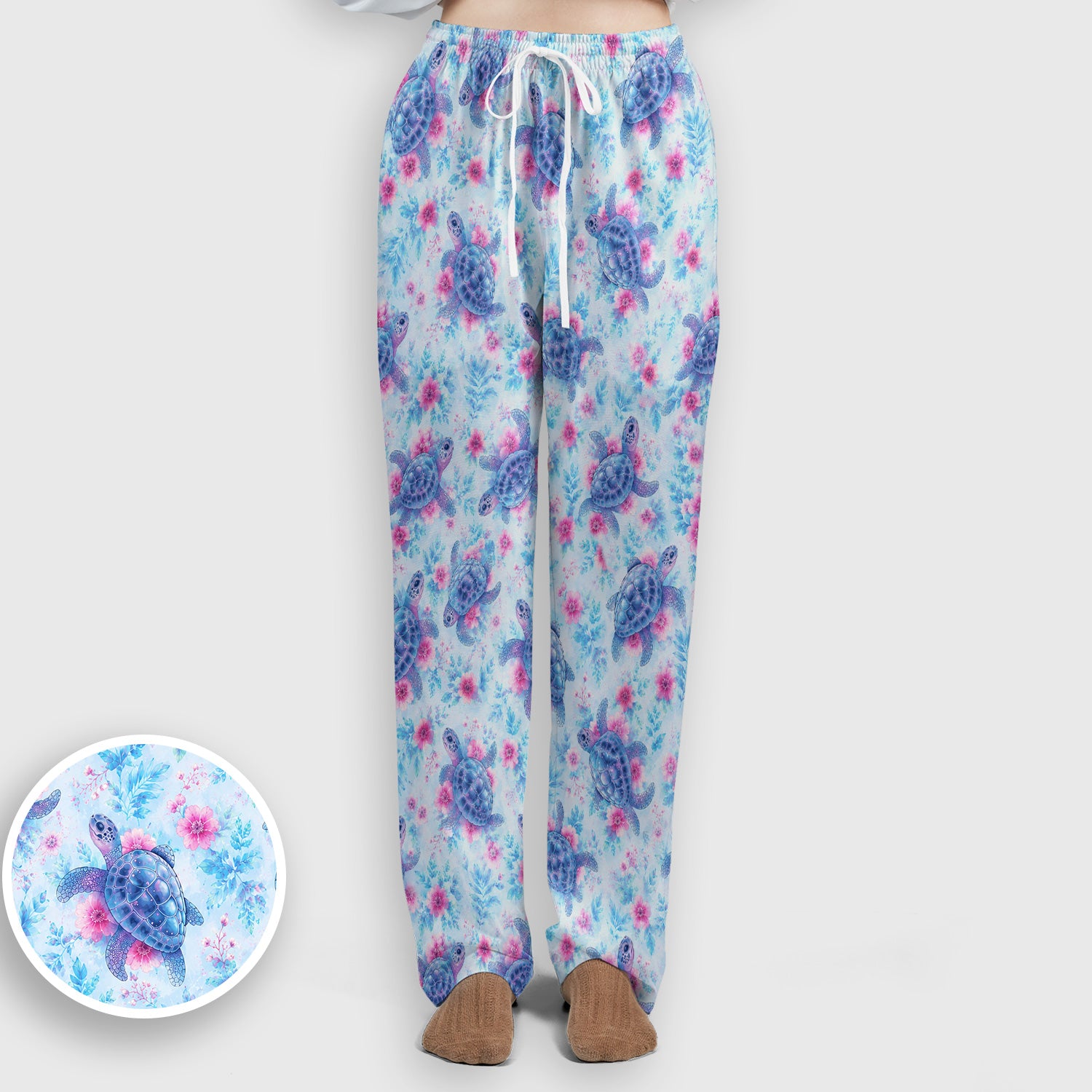 Cute Sea Turtle Floral Print Scrub Set, Scrub Pants and V Neck Top