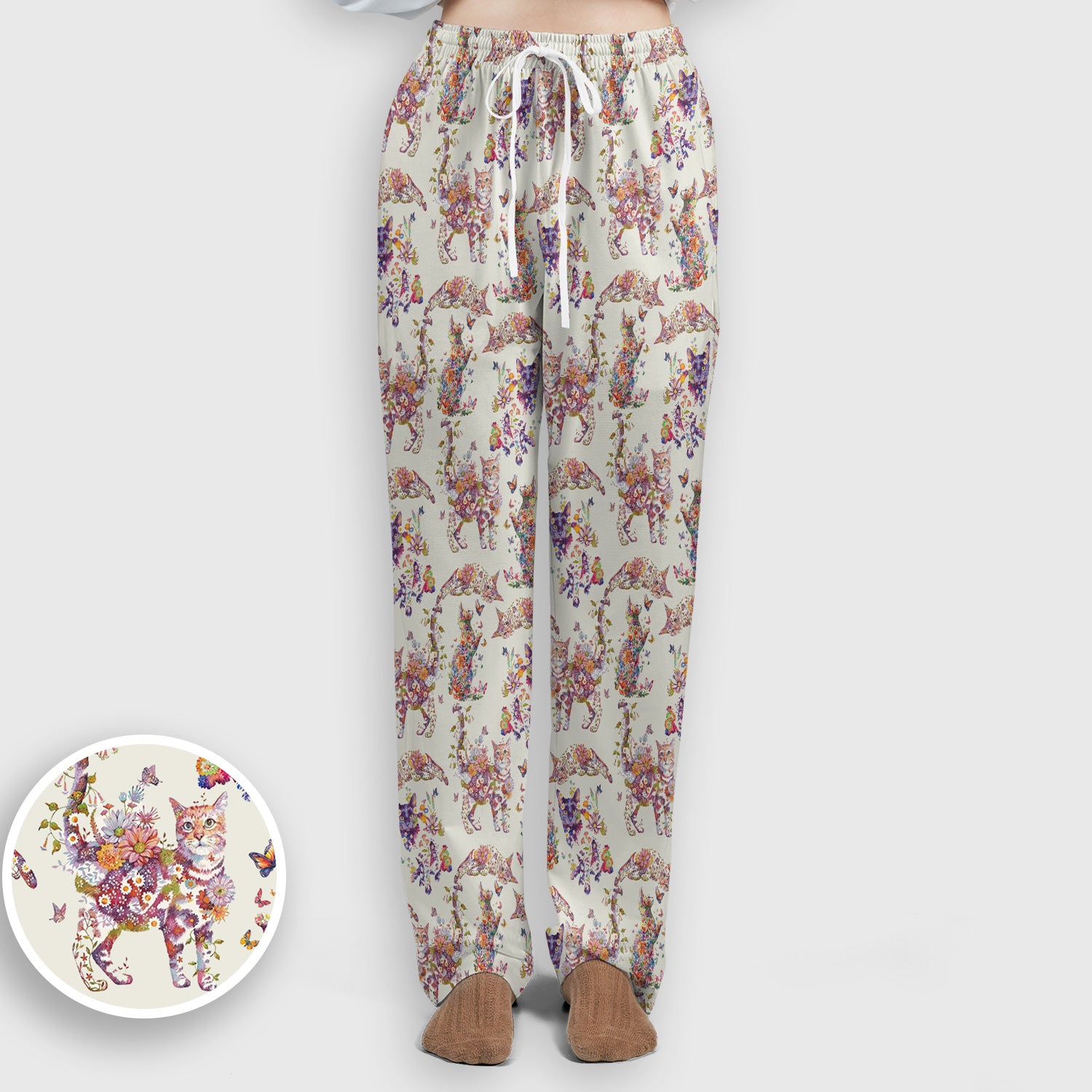 Whimsical Floral Cat Garden Pattern Scrub Set, Scrub Pants and V Neck Top