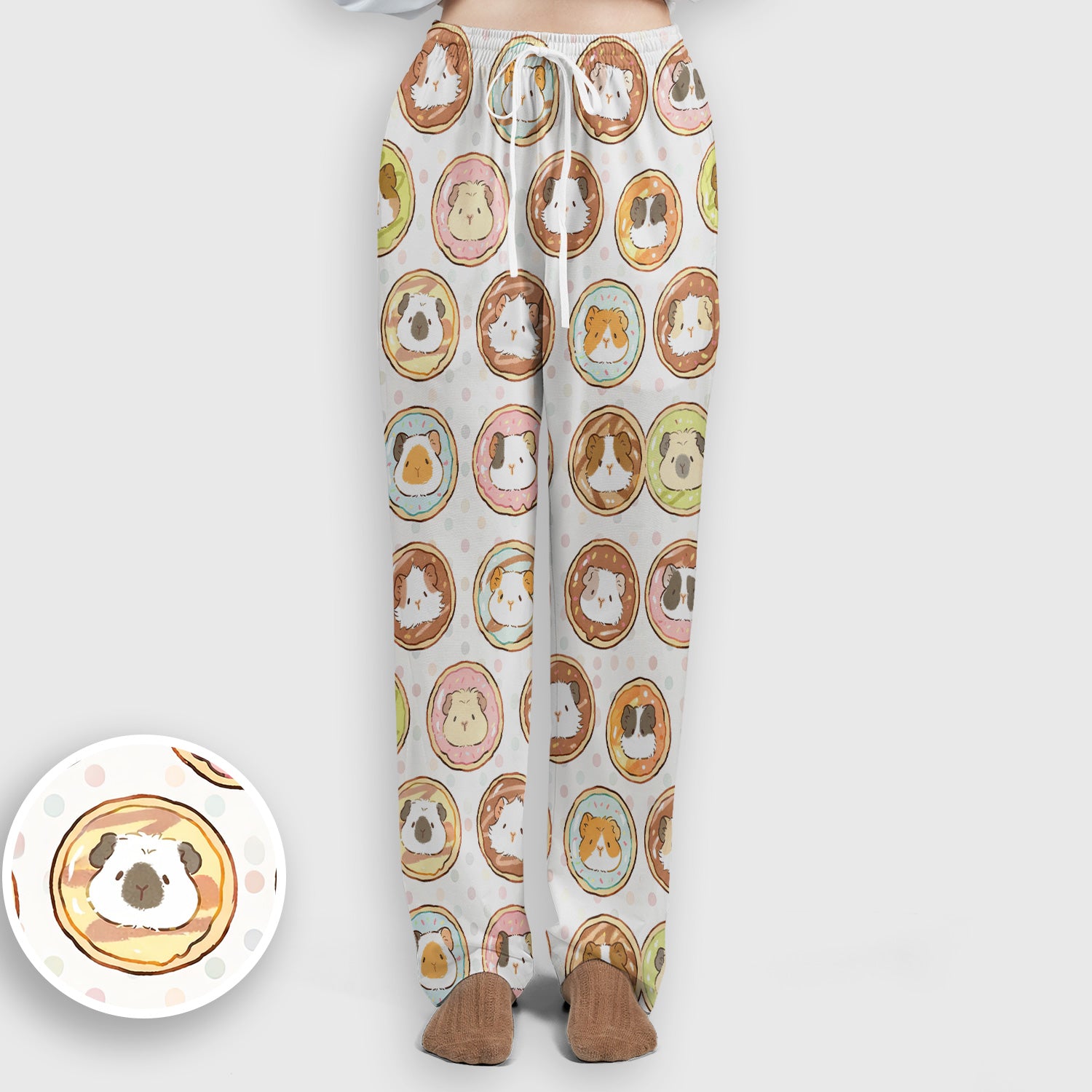 Cute Guinea Pig Donut Circle Pattern Scrub Set, Scrub Pants and V Neck Top