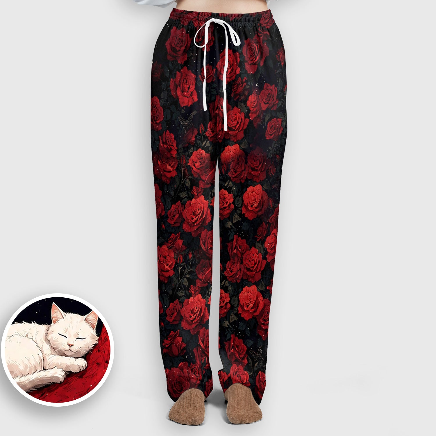 Gothic Red Moon Cat Nurse for Veterinary Staff, RN, CNA, Rose Medical Scrub Set, Scrub Pants and V Neck Top