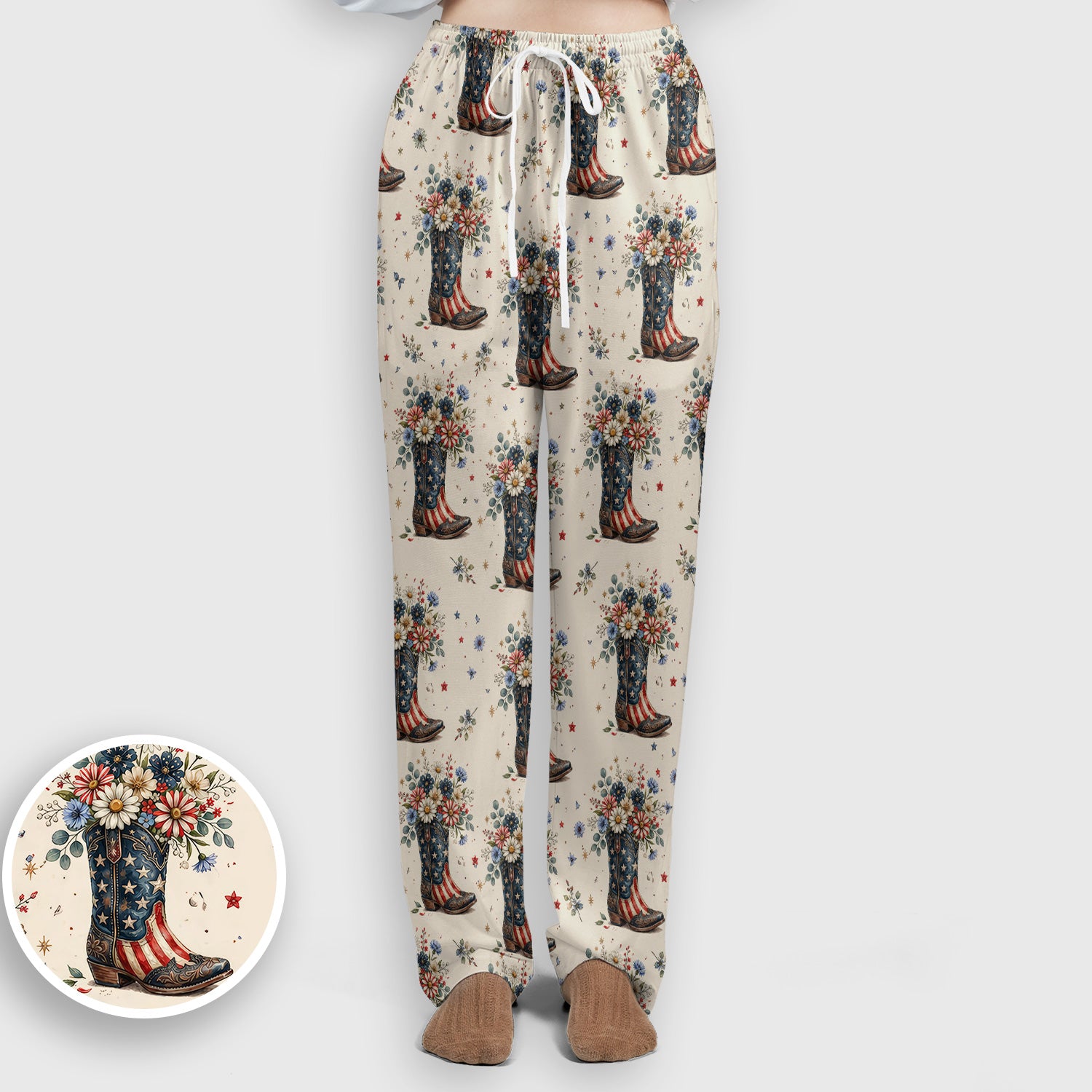 Festive Patriotic Cowboy Boots Flower Pattern Scrub Set, Scrub Pants and V Neck Top