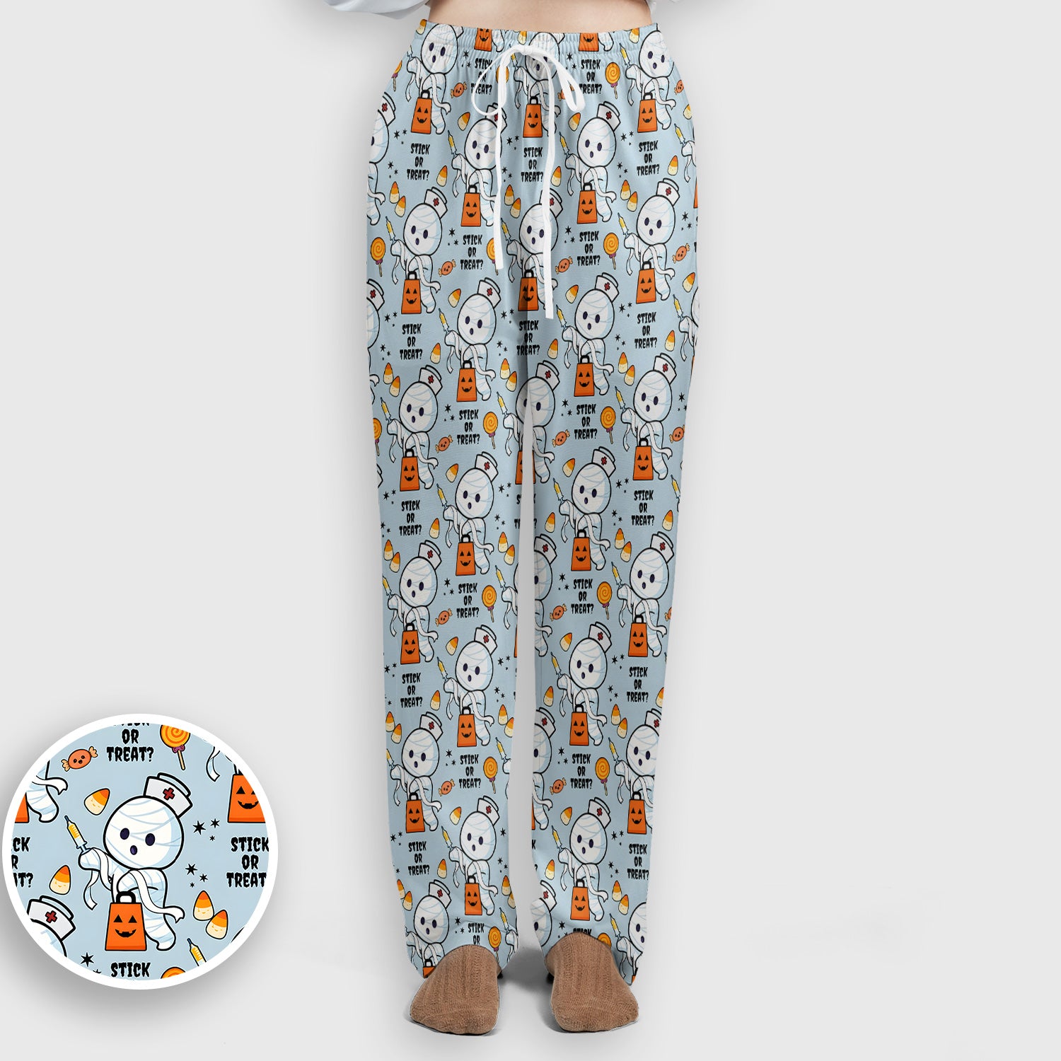 Funny Halloween Stick Or Treat Mummy Nurse Scrub Set, Scrub Pants and V Neck Top