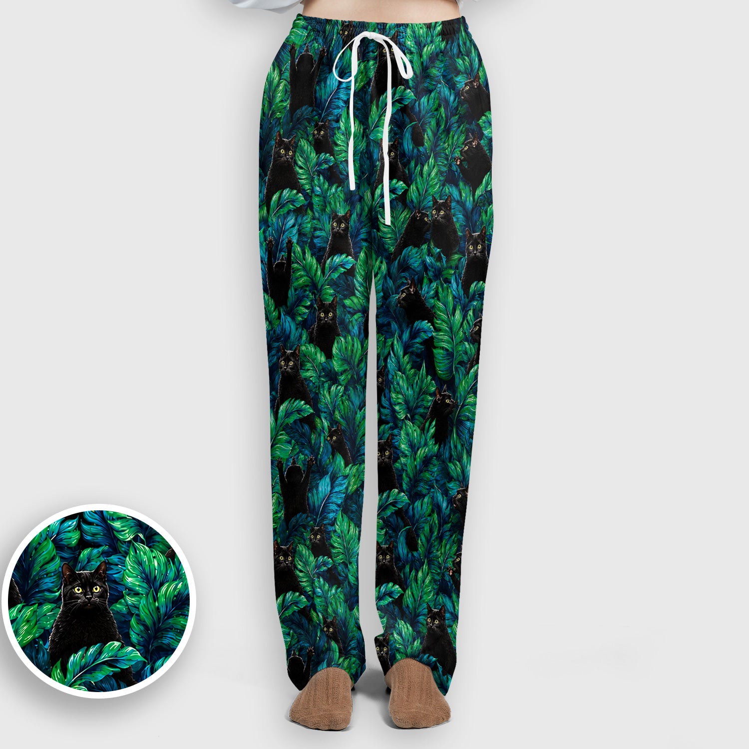 Black Cat Tropical Jungle Leaves Pattern Scrub Set, Scrub Pants and V Neck Top