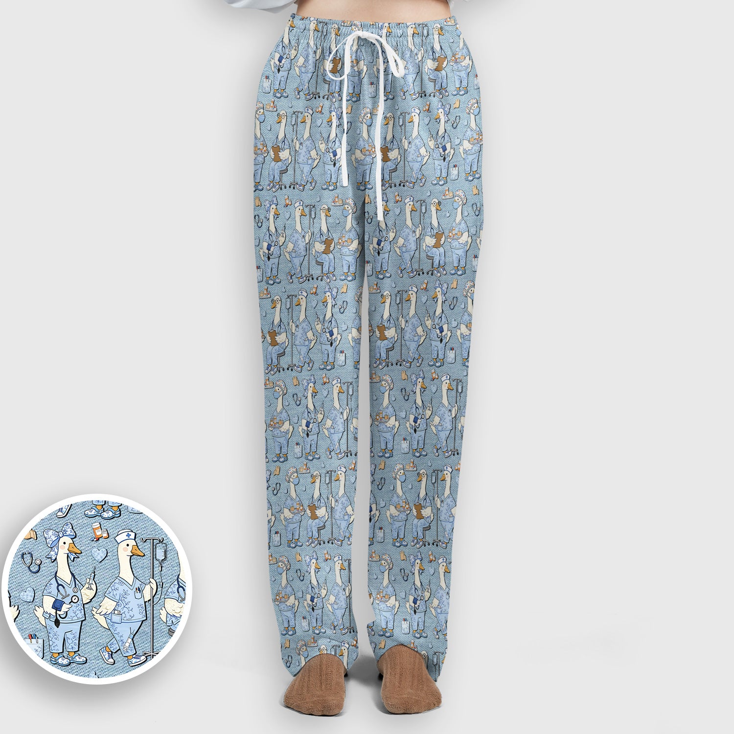 Cute Nurse Goose Working Pattern Scrub Set, Scrub Pants and V Neck Top