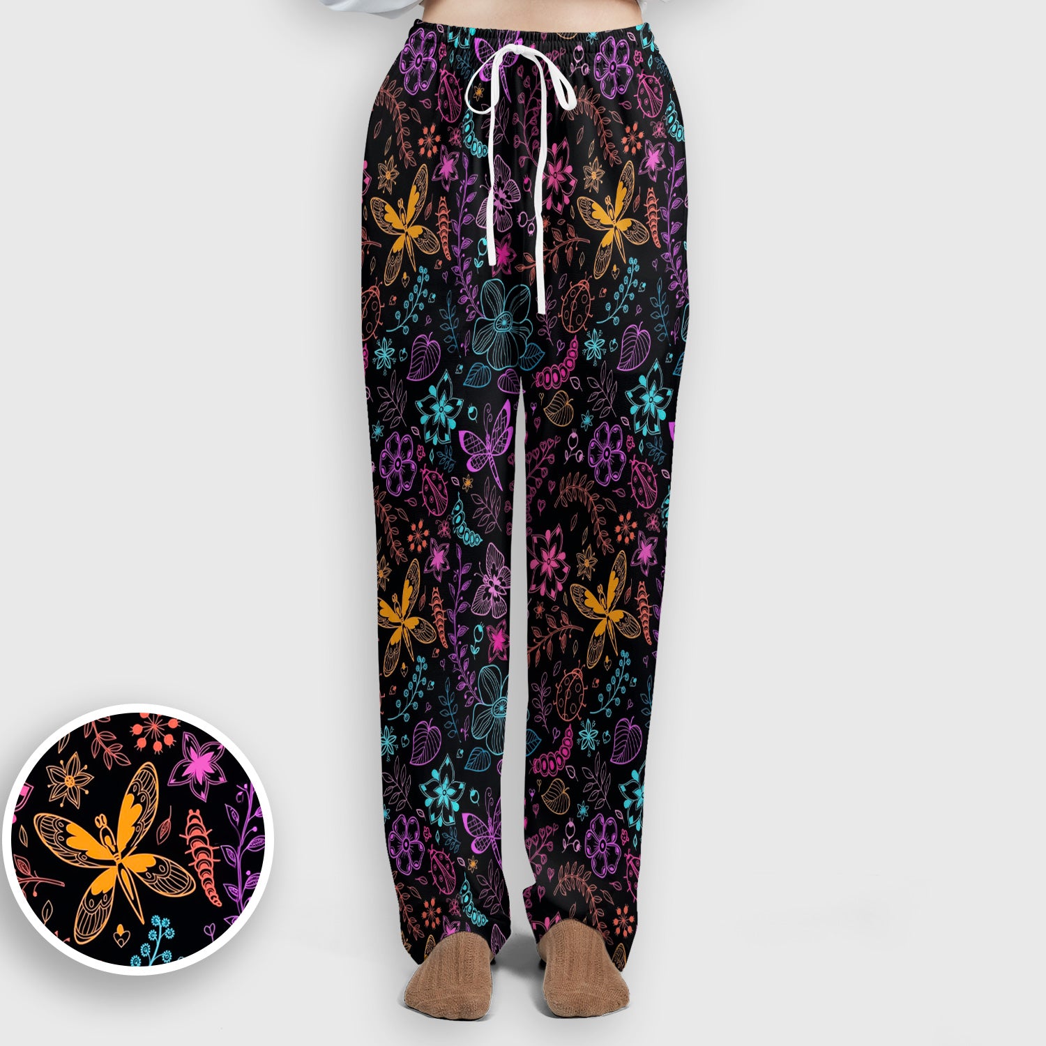 Neon Butterfly and Floral Garden Pattern Scrub Set, Scrub Pants and V Neck Top