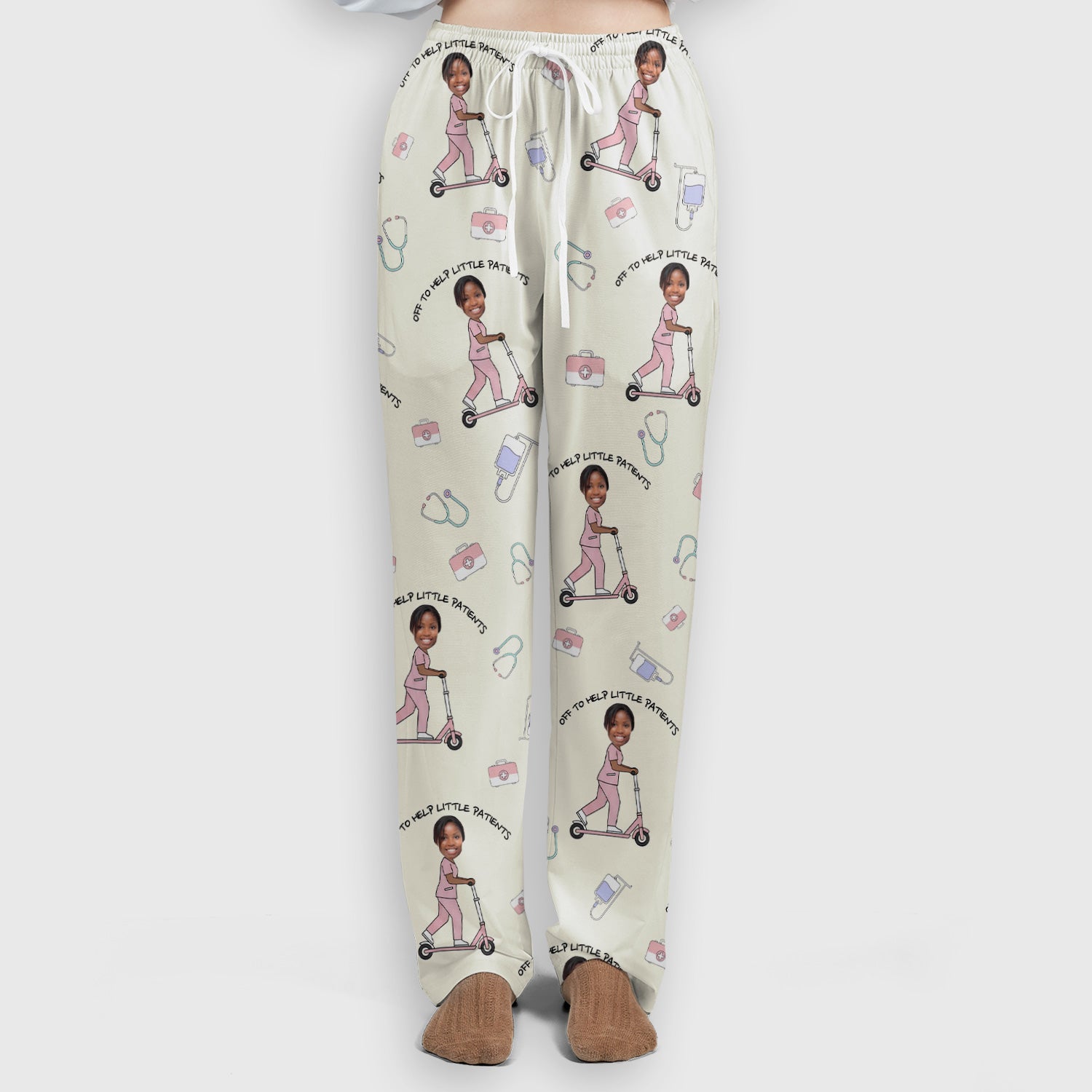 Custom Face Pediatric Nurse Scooter Pattern Scrub Set, Scrub Pants and V Neck Top