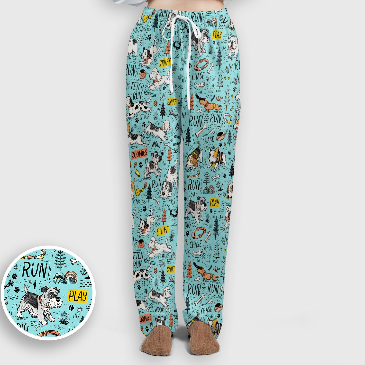 Playful Cartoon Puppy Adventure Pattern Scrub Set, Scrub Pants and V Neck Top