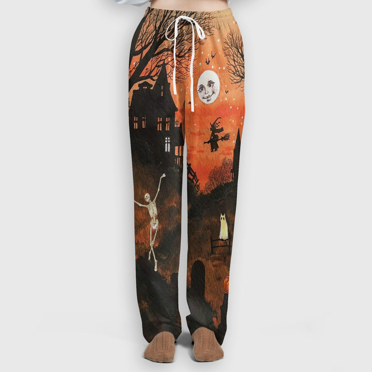 Halloween Haunted House Pattern Scrub Set, Scrub Pants and V Neck Top