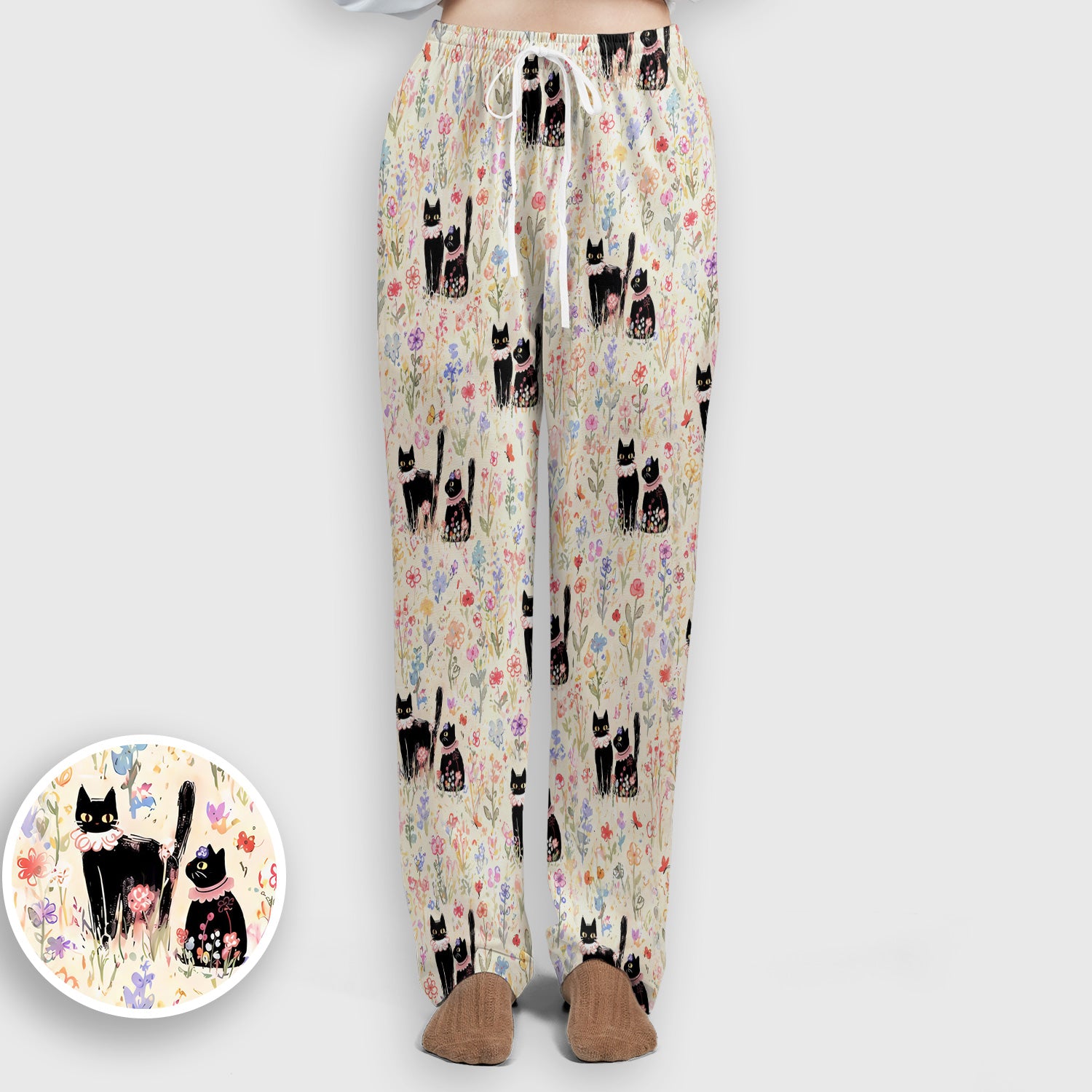 Cute Black Cats Wildflower Garden Pattern Scrub Set, Scrub Pants and V Neck Top