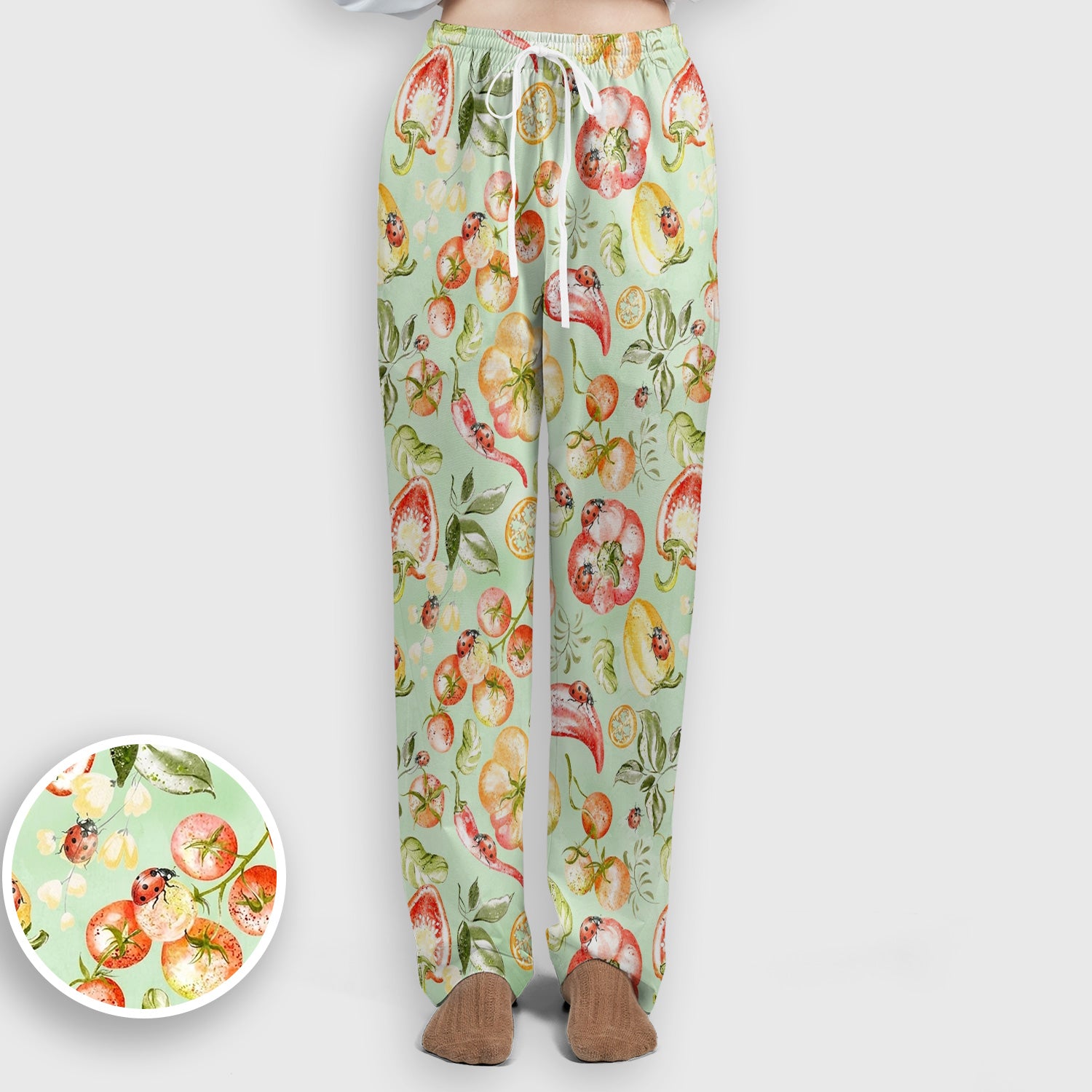 Cute Watercolor Veggie Ladybug Pattern Scrub Set, Scrub Pants and V Neck Top