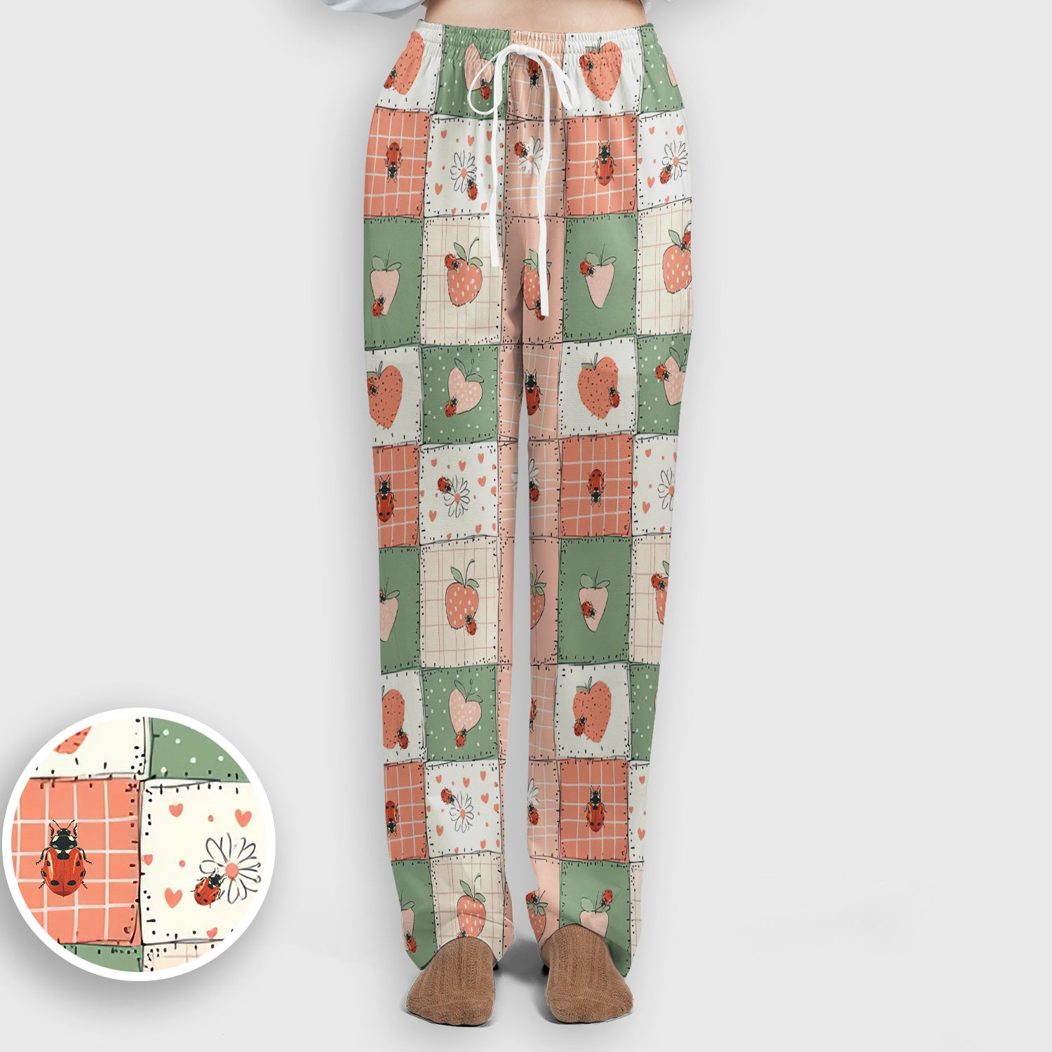 Strawberry Ladybug Patchwork Pattern Scrub Set, Scrub Pants and V Neck Top