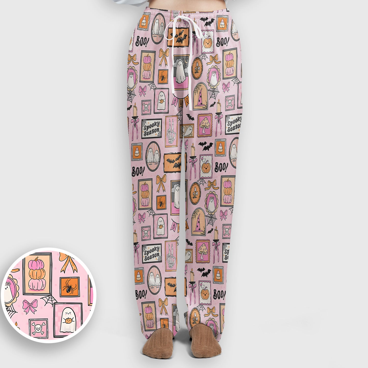 Pink Halloween Ghost Gallery Print Scrub Set, Scrub Pants and V Neck Top