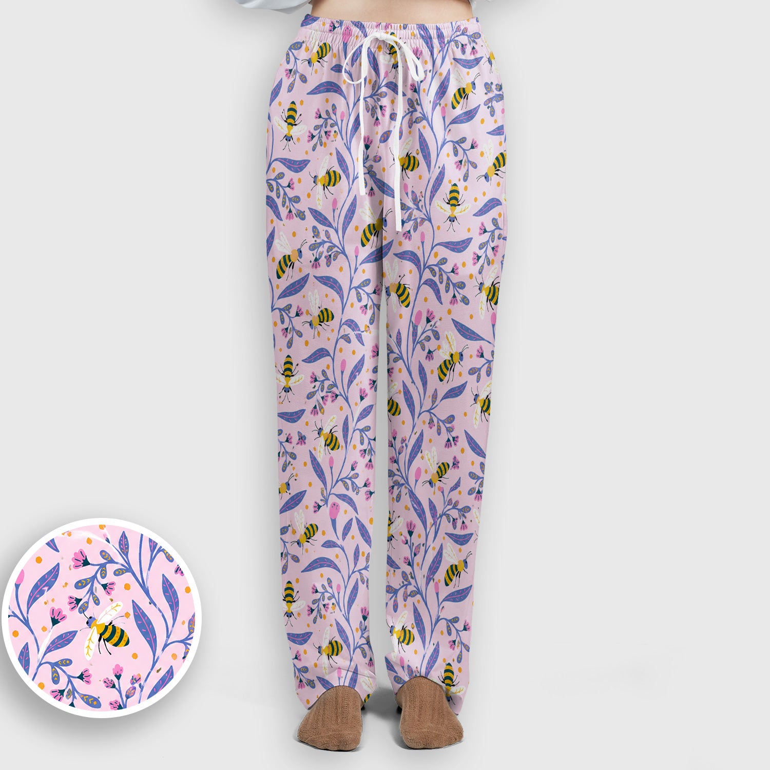 Cute Bumble Bee Floral Pattern Scrub Set, Scrub Pants and V Neck Top