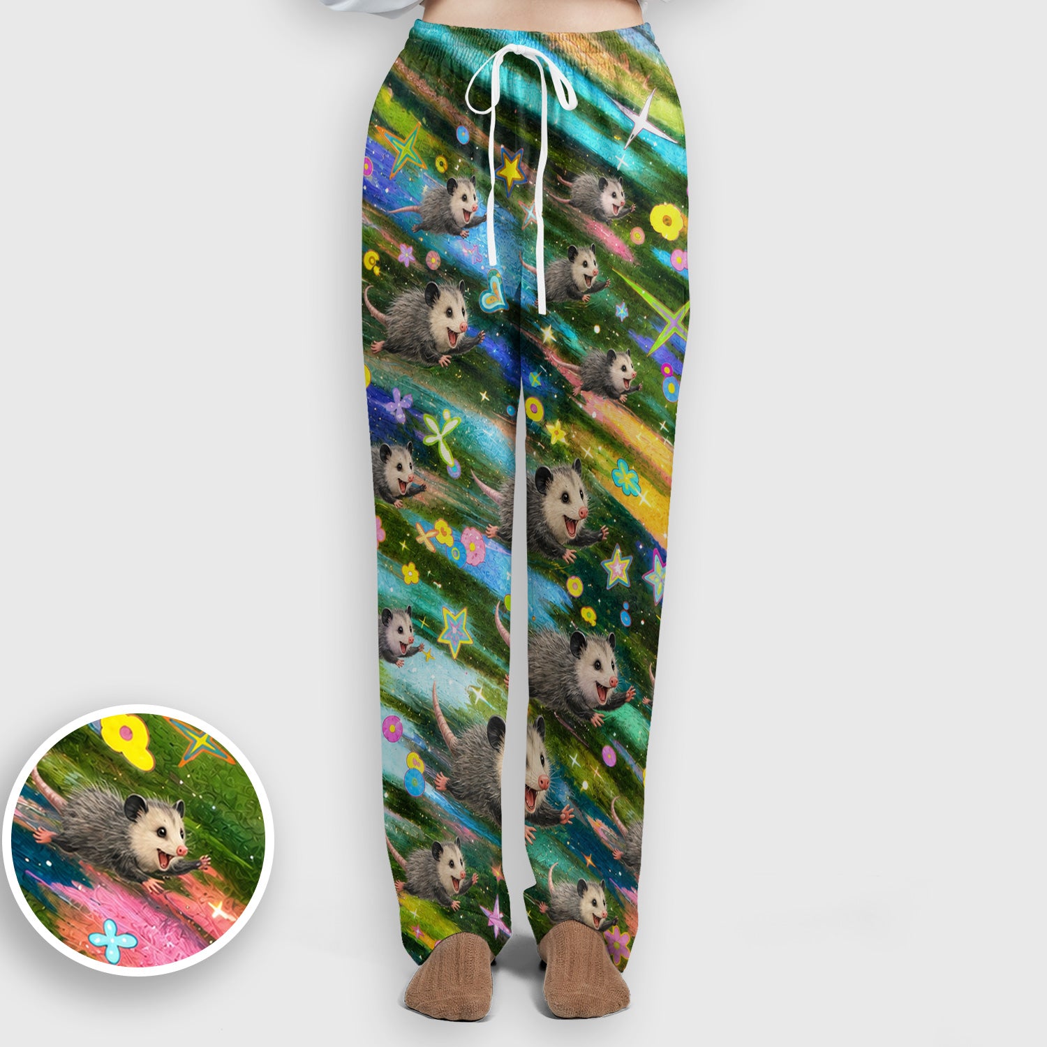 Colorful Opossum Rainbow Stars Print Scrub Set, Scrub Pants and V Neck Top