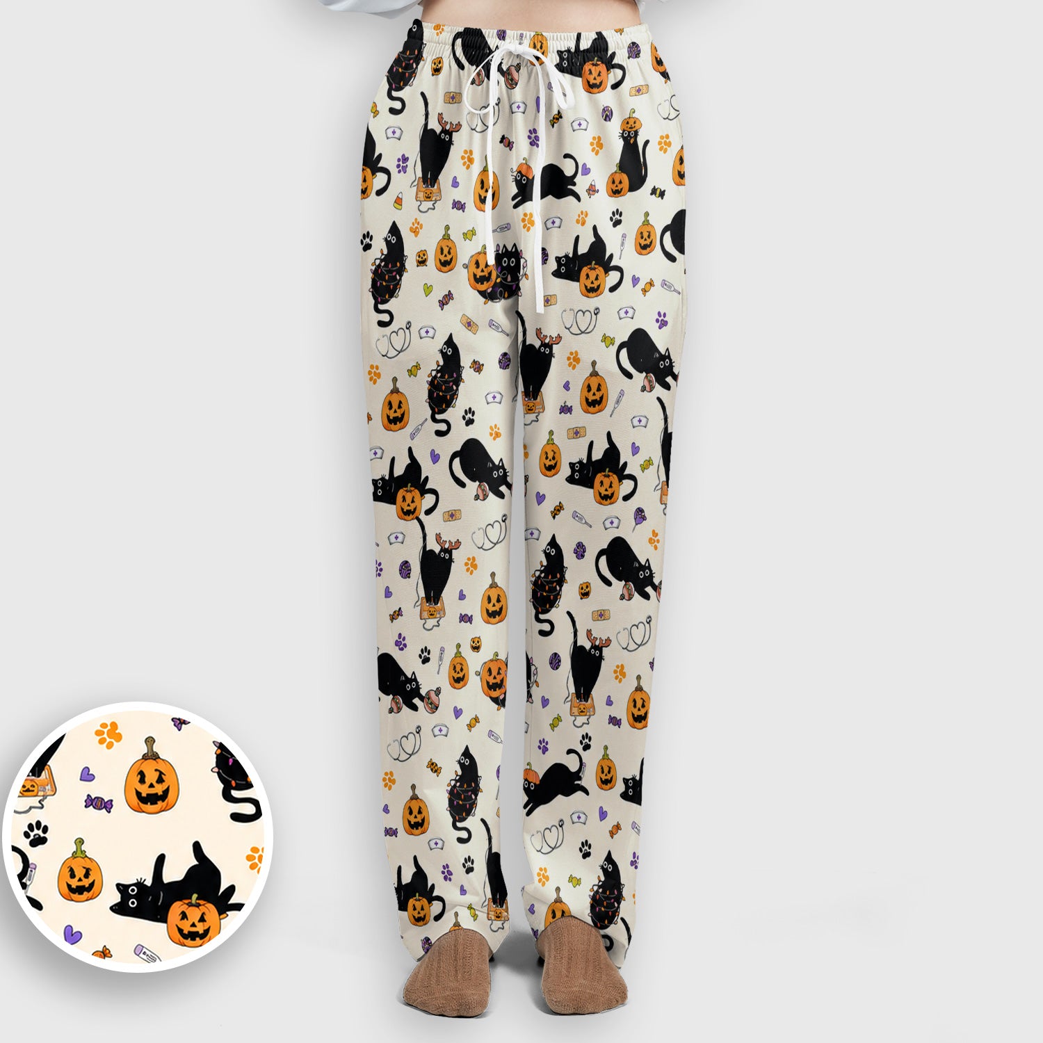 Pumpkin Black Cat Pattern Scrub Set, Scrub Pants and V Neck Top