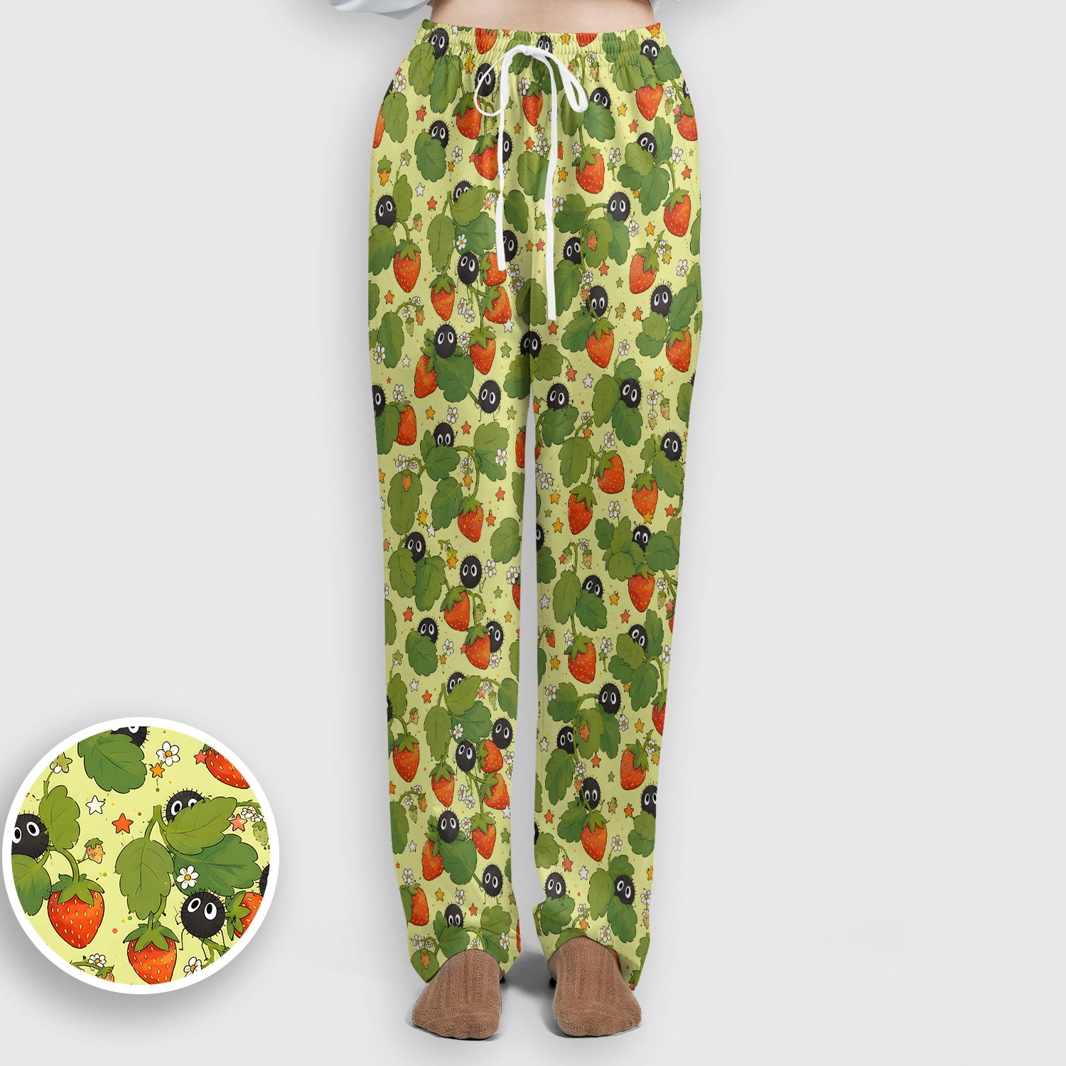 Cute Strawberry Soot Sprite Pattern Scrub Set, Scrub Pants and V Neck Top