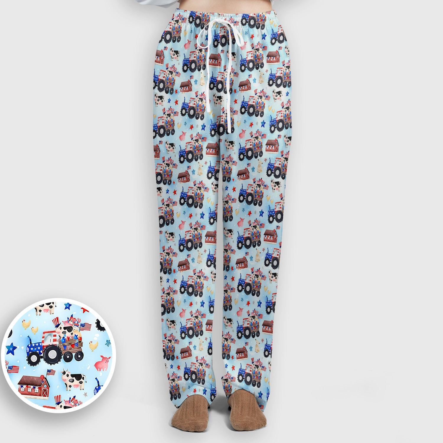 Patriotic Cow Tractor Farm Stars Pattern Scrub Set, Scrub Pants and V Neck Top