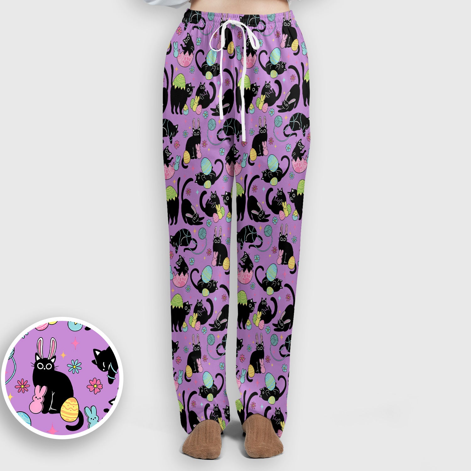 Funny Easter Black Cat Egg Pattern Scrub Set, Scrub Pants and V Neck Top