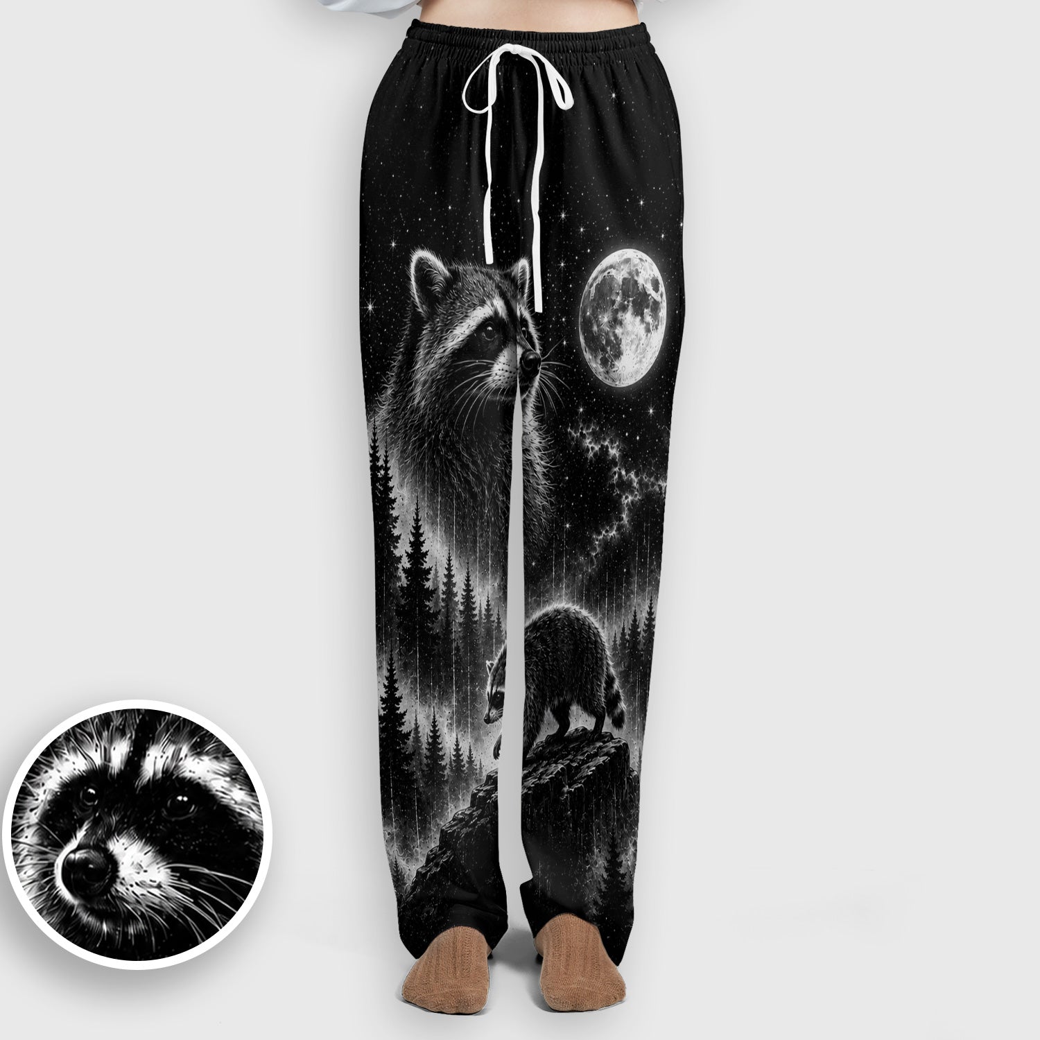 Moonlit Raccoon Forest Print Scrub Set, Scrub Pants and V Neck Top