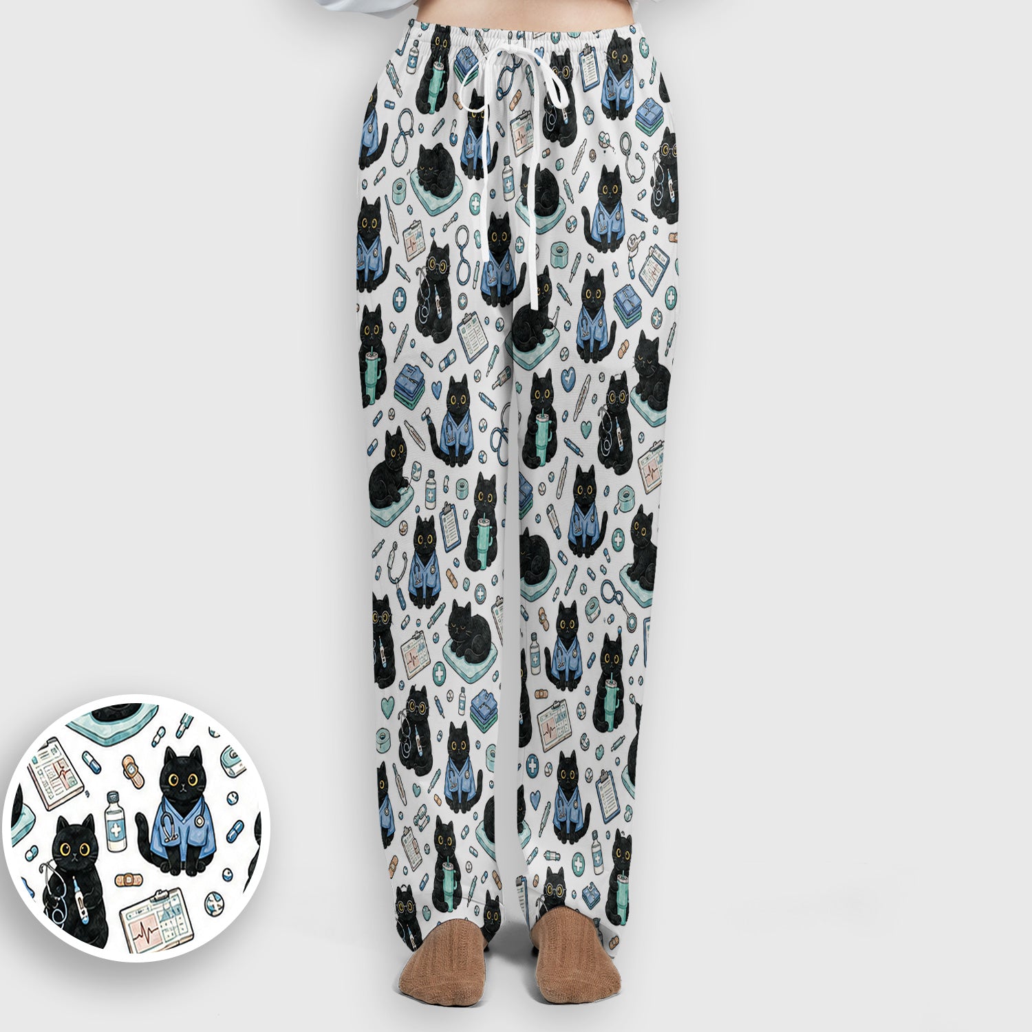 Black Cat Clinic Scrub Set, Scrub Pants and V Neck Top