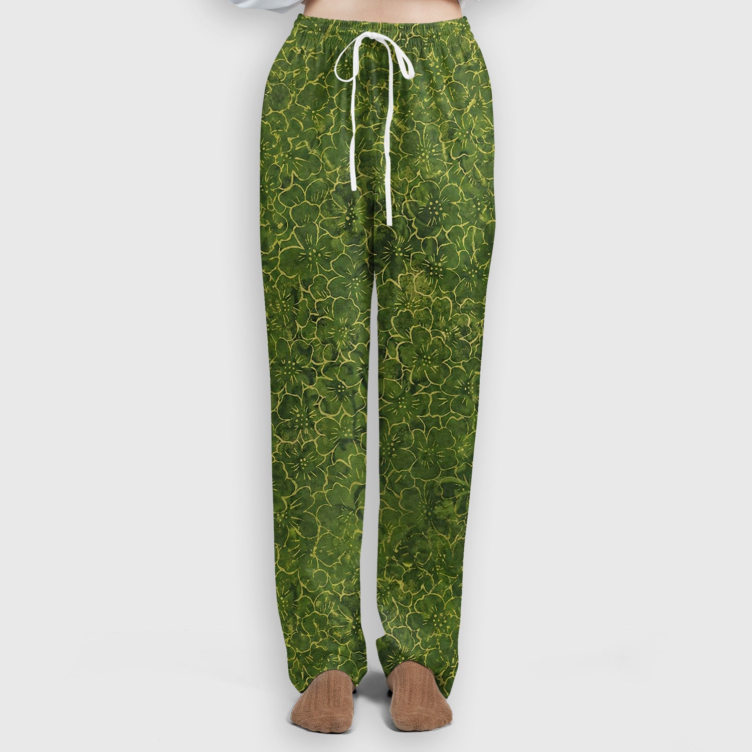 Green Floral Blossom Pattern Scrub Set, Scrub Pants and V Neck Top