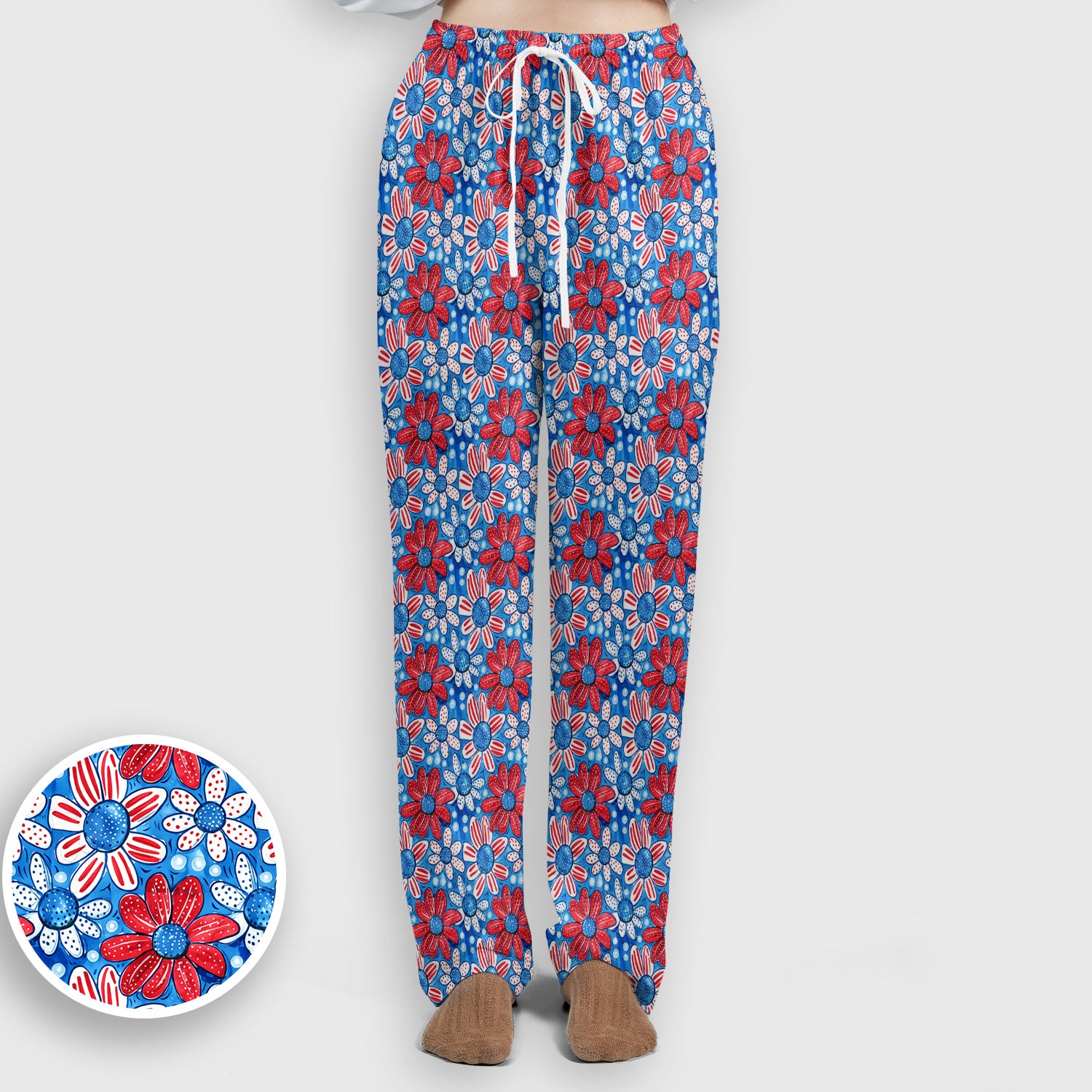 Cute Patriotic Daisy Blossom Repeat Pattern Scrub Set, Scrub Pants and V Neck Top