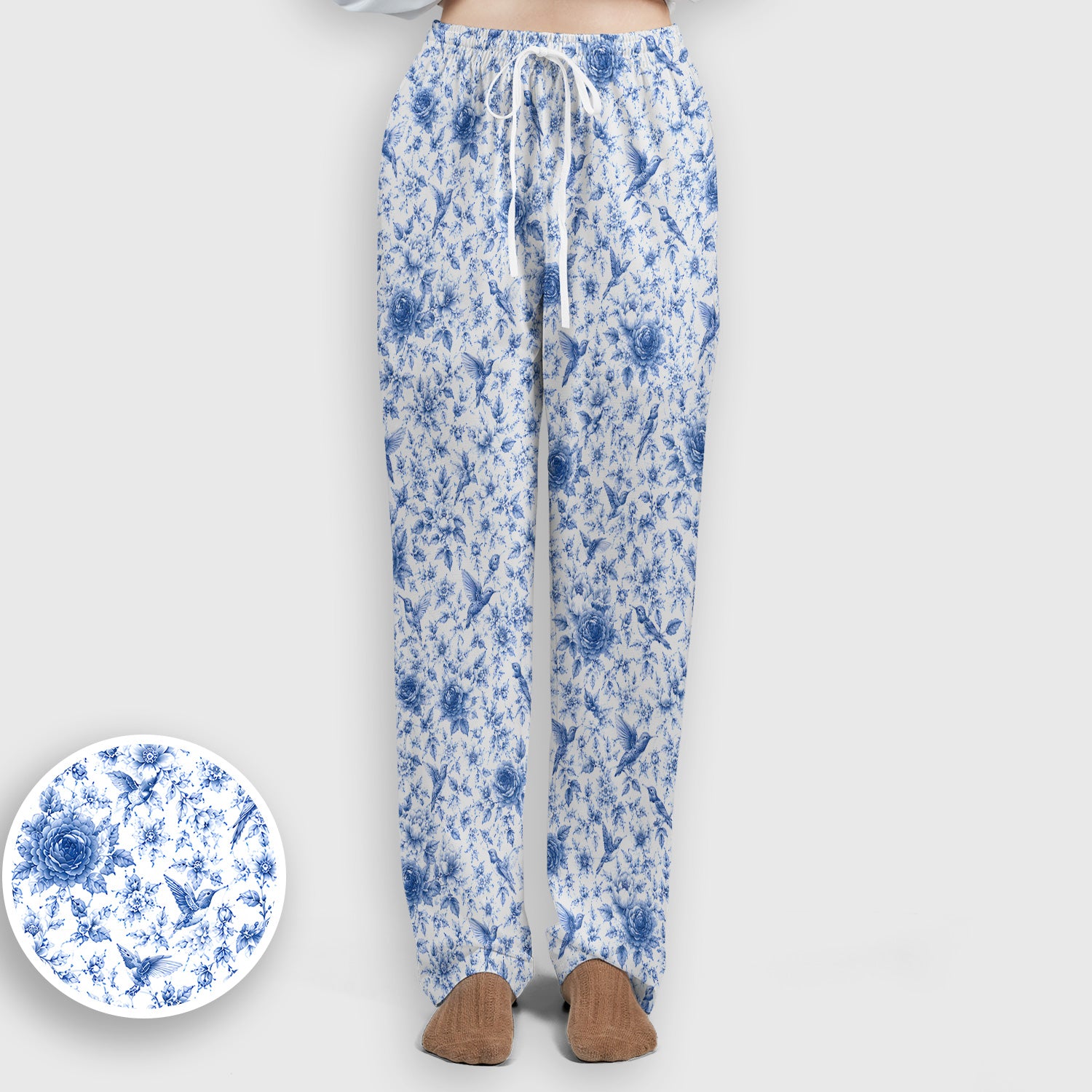 Blue Floral Hummingbird Toile Pattern Scrub Set, Scrub Pants and V Neck Top