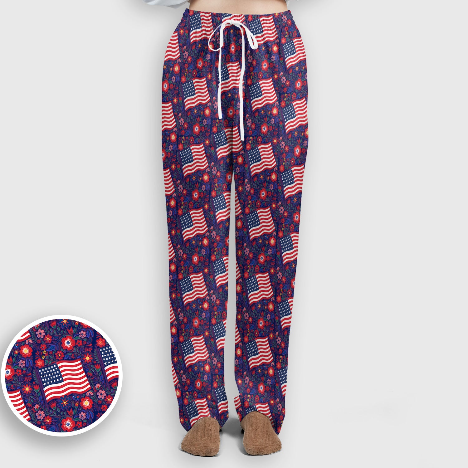 Patriotic USA Flag With Floral Fireworks Pattern Scrub Set, Scrub Pants and V Neck Top