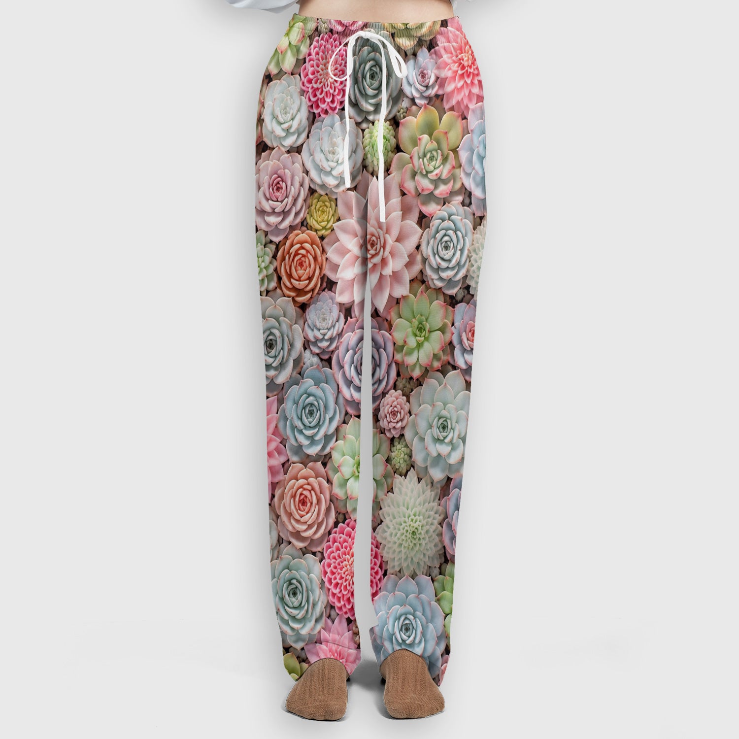 Cute Pastel Succulent Blossom Pattern Scrub Set, Scrub Pants and V Neck Top