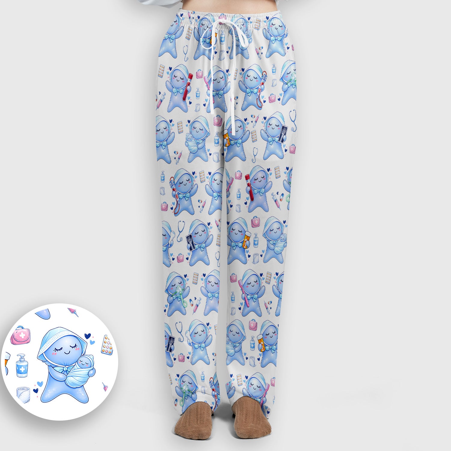 Cute Tooth Character Dental Tools Caring Pattern Scrub Set, Breathable Med Uniform