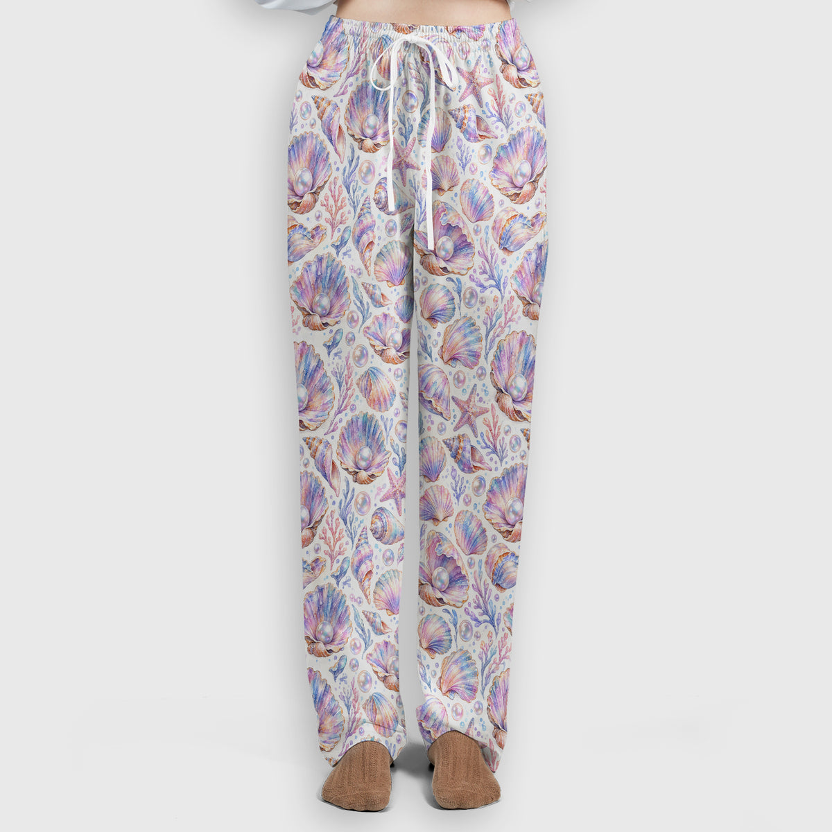Pastel Seashell And Pearl Pattern Scrub Set, Scrub Pants and V Neck Top
