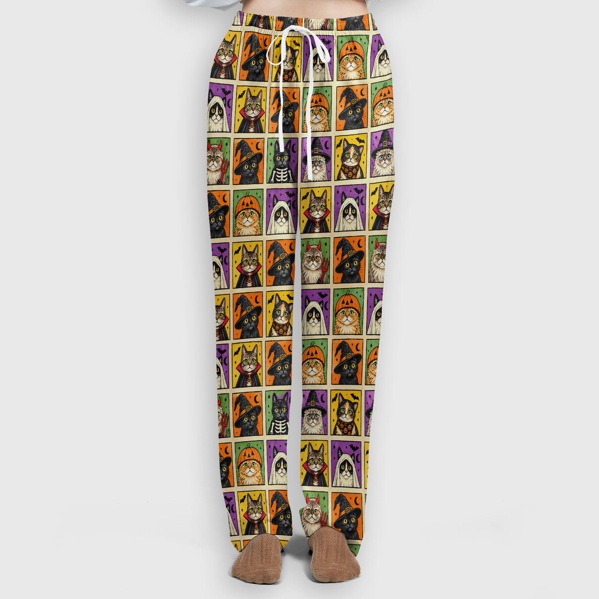 Buntes Kasack-Set mit Neon-Katzenköpfen, Schlupfhose und V-Ausschnitt-Oberteil