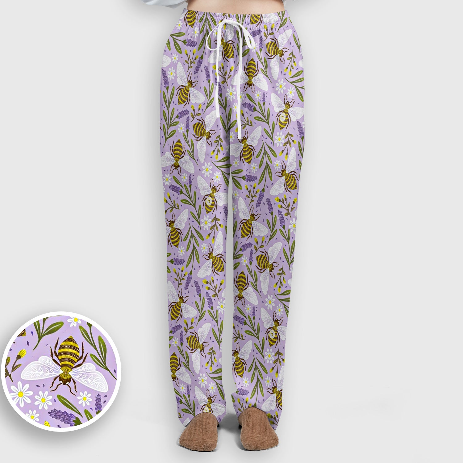 Cute Lavender Bee Floral Pattern Scrub Set, Scrub Pants and V Neck Top
