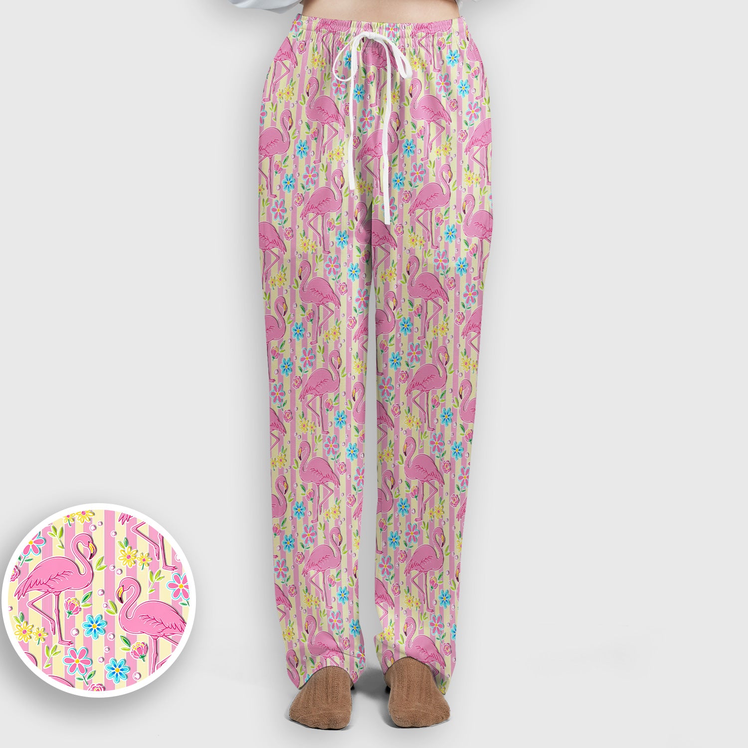 Pink Flamingo Flower Stripe Pattern Scrub Set, Scrub Pants and V Neck Top