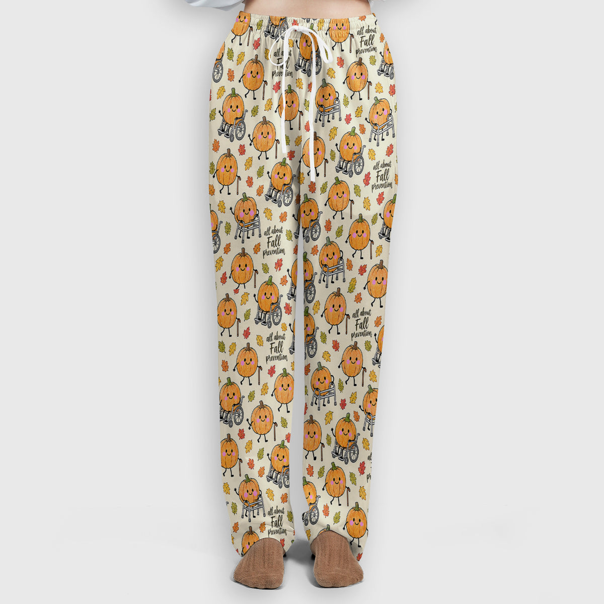 Cute Fall Prevention Pumpkin Pattern Scrub Set, Scrub Pants and V Neck Top