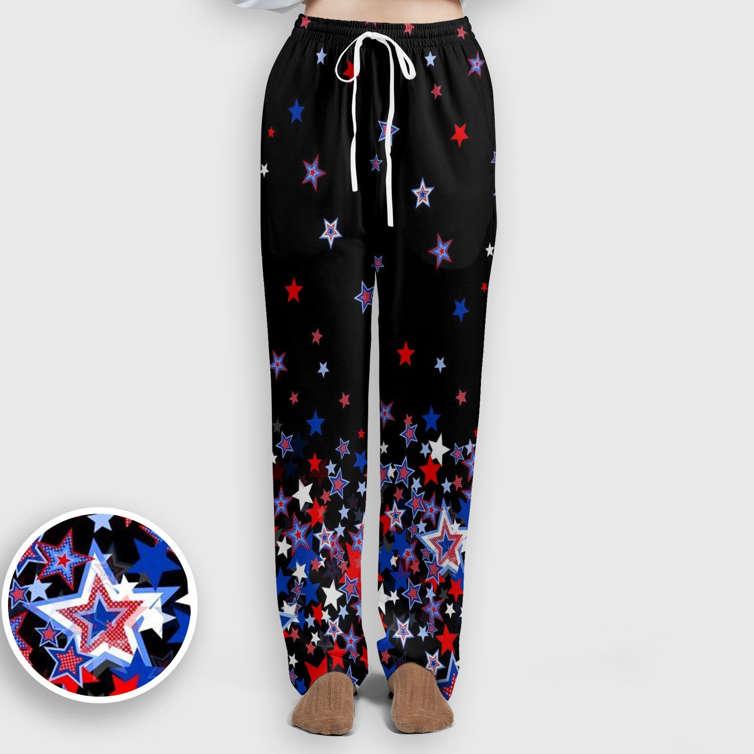 Festive Patriotic Red Blue Star Pattern Scrub Set, Scrub Pants and V Neck Top