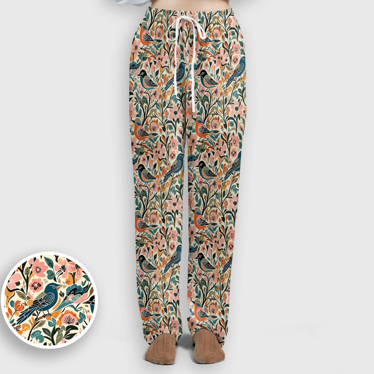 Folk Art Songbird Floral Pattern Scrub Set, Scrub Pants and V Neck Top