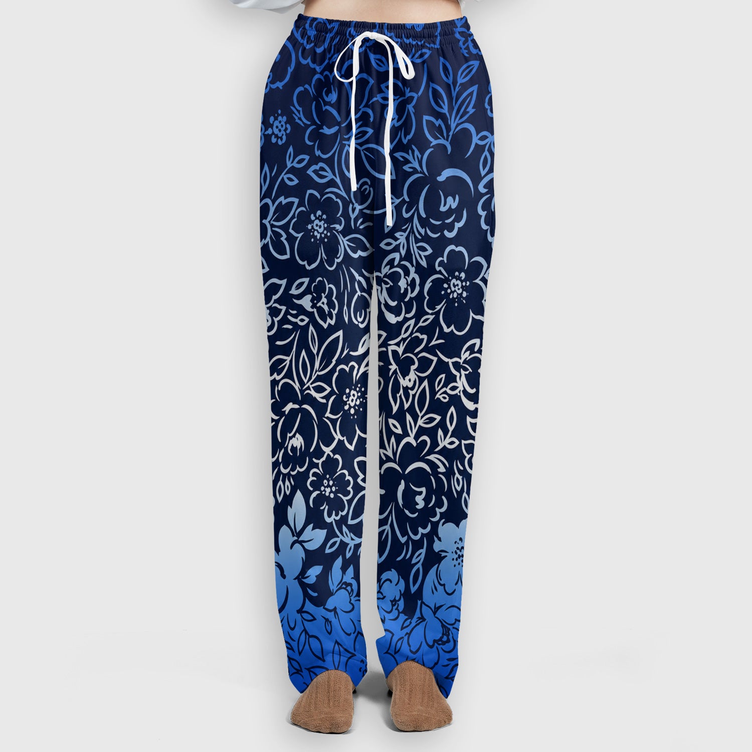 Navy Botanical Flower Print Scrub Set, Scrub Pants and V Neck Top