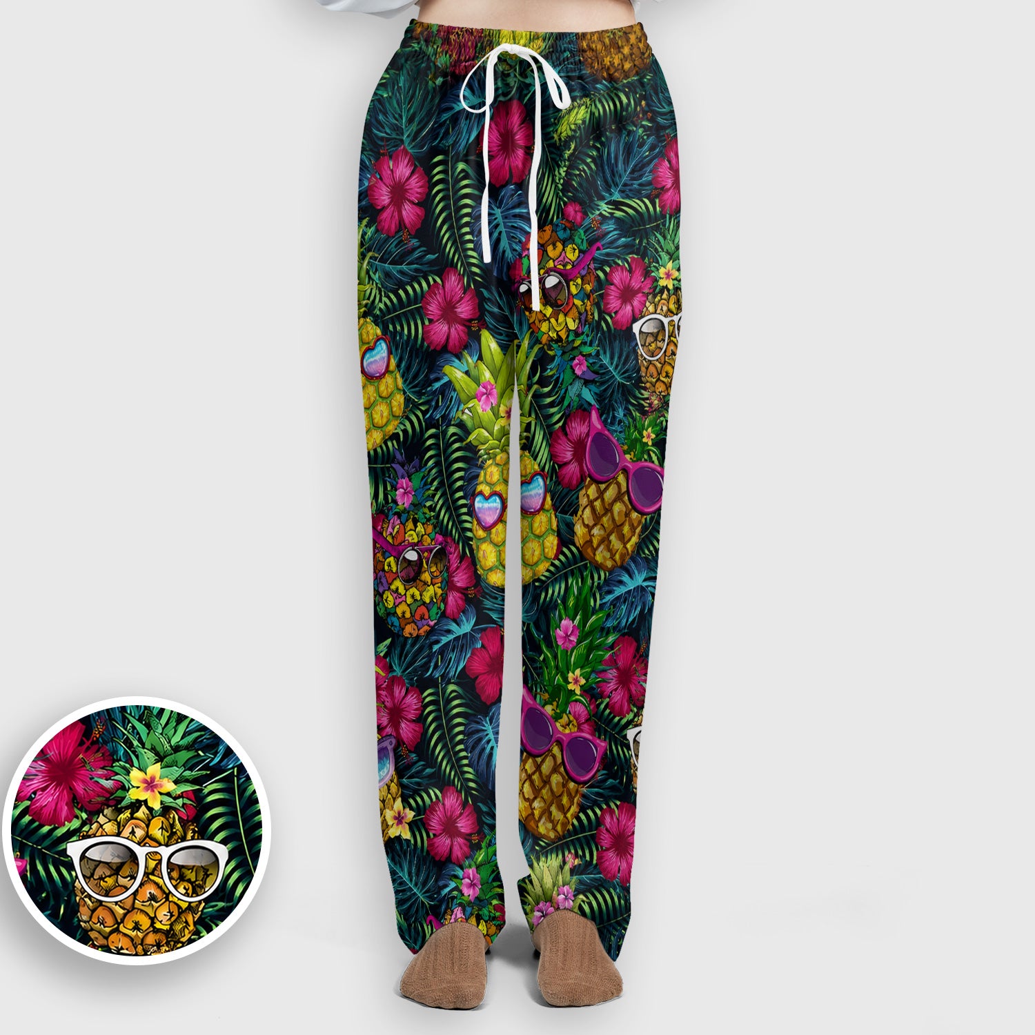 Cute Tropical Pineapple Sunglasses Pattern Scrub Set, Scrub Pants and V Neck Top