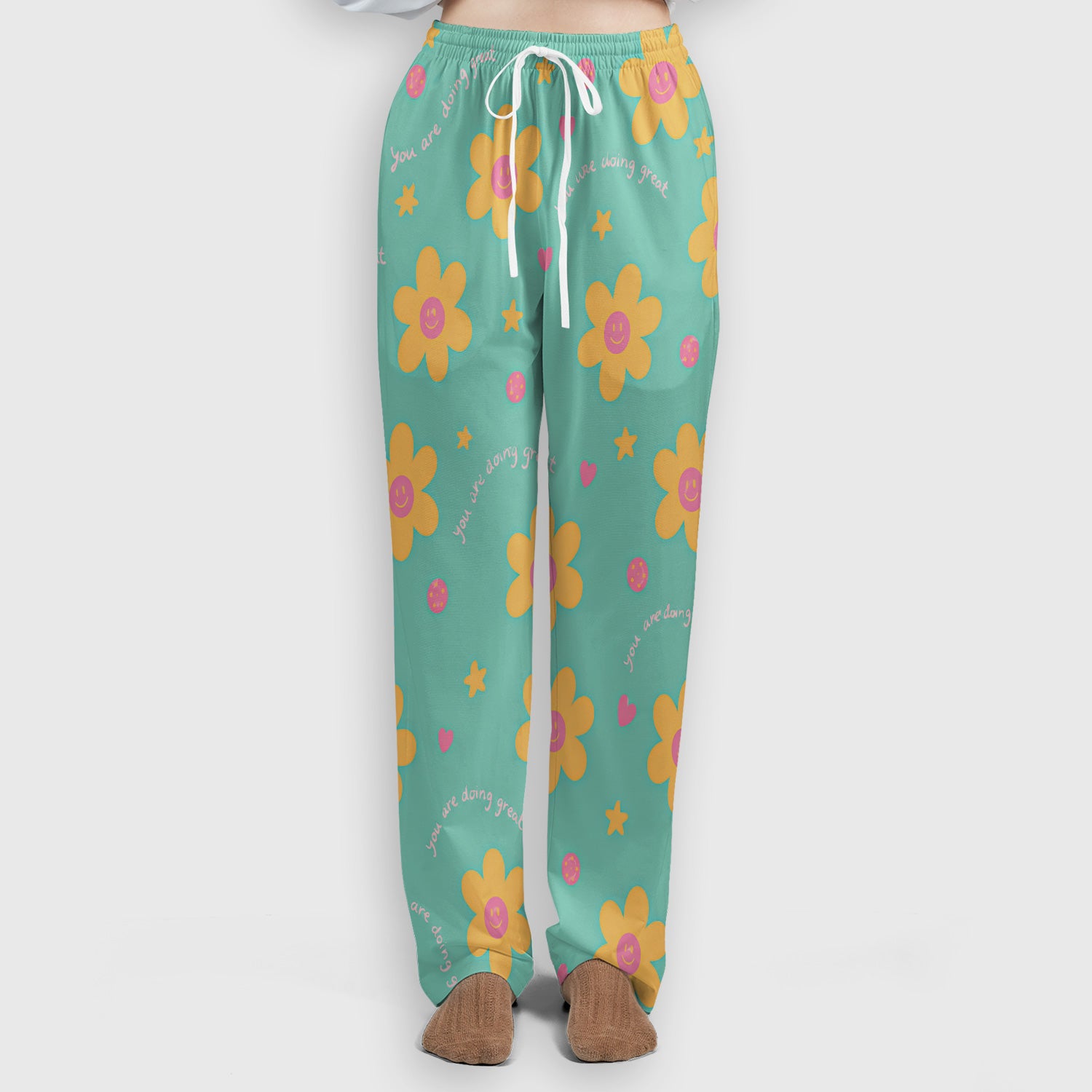 Cheerful Smiley Flower Pattern, Positive Medical Scrub Set, Scrub Pants and V Neck Top