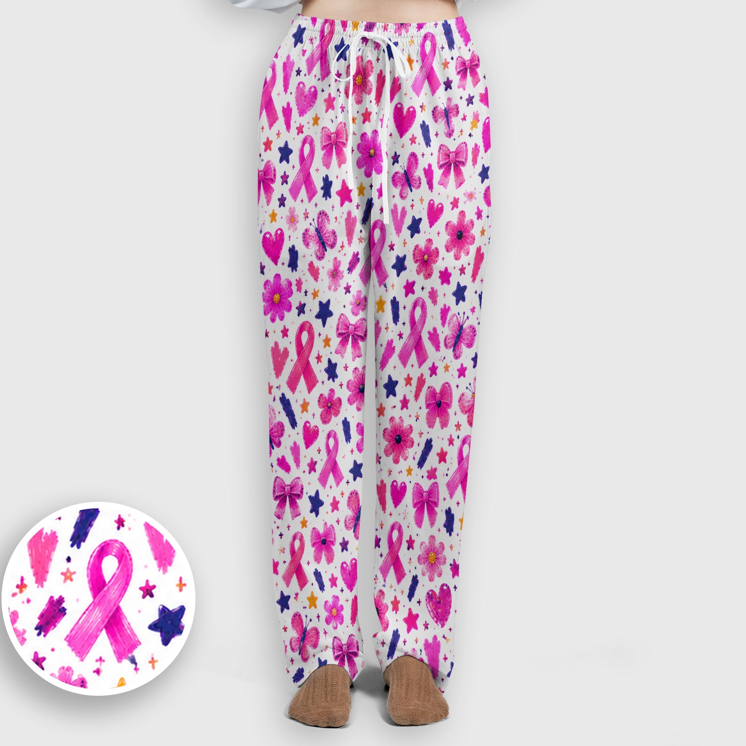 Pink Ribbon Floral Pattern Scrub Set, Scrub Pants and V Neck Top