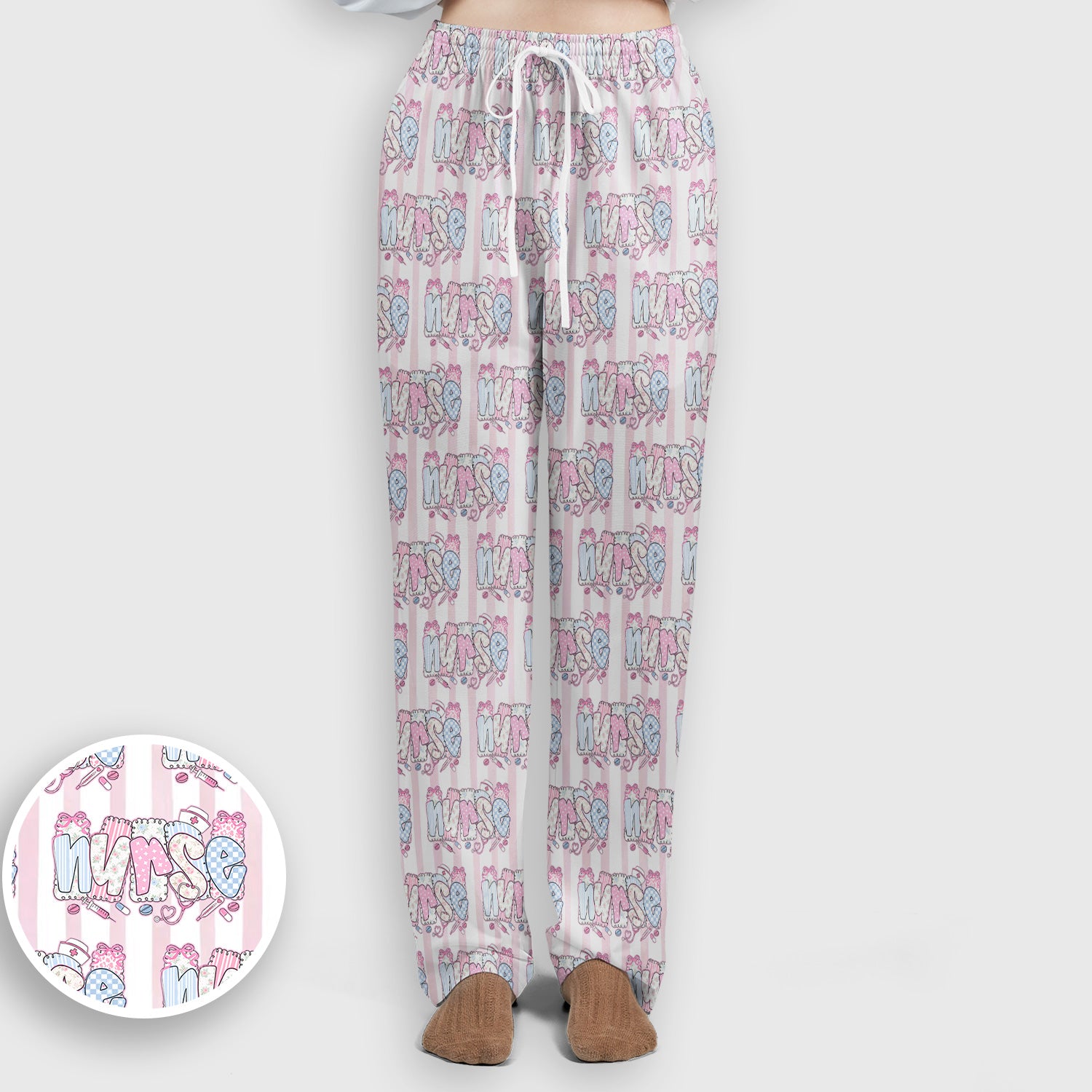 Cute Pastel Nurse Pattern Scrub Set, Scrub Pants and V Neck Top