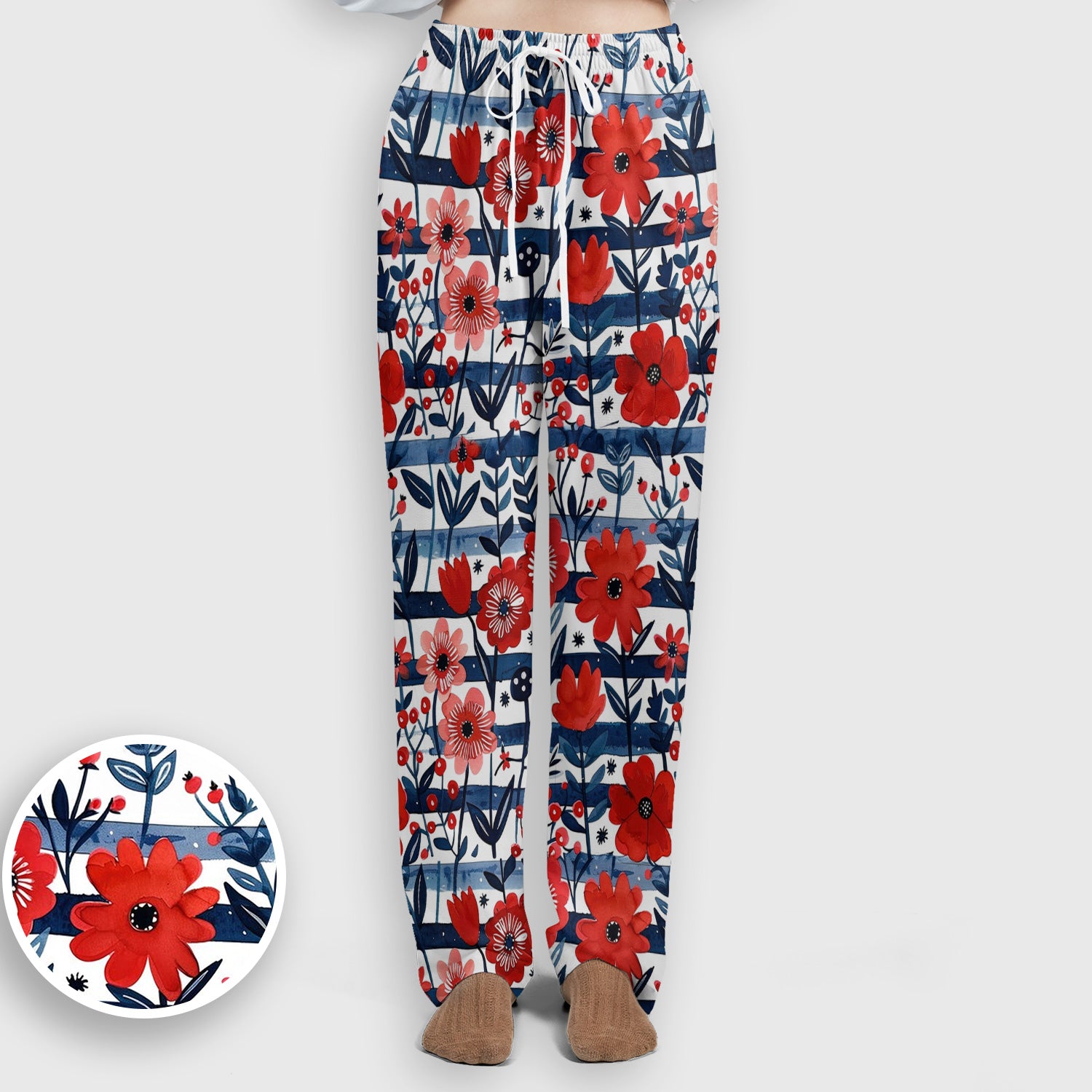 Red Poppy Navy Stripe Pattern Scrub Set, Scrub Pants and V Neck Top
