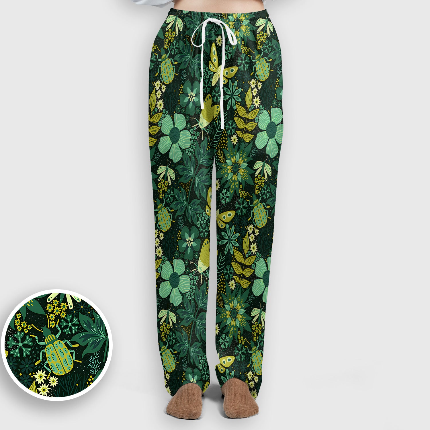 Green Botanical Butterfly Pattern Scrub Set, Scrub Pants and V Neck Top