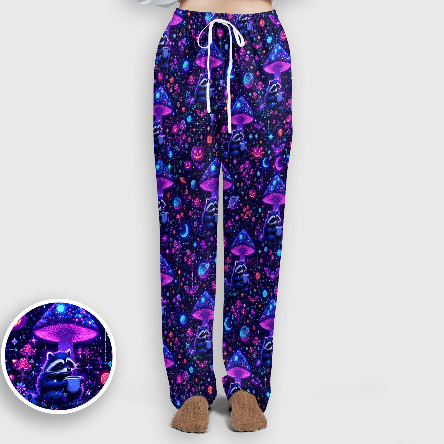 Halloween Raccoon And Mushrooms Scrub Set, Scrub Pants and V Neck Top