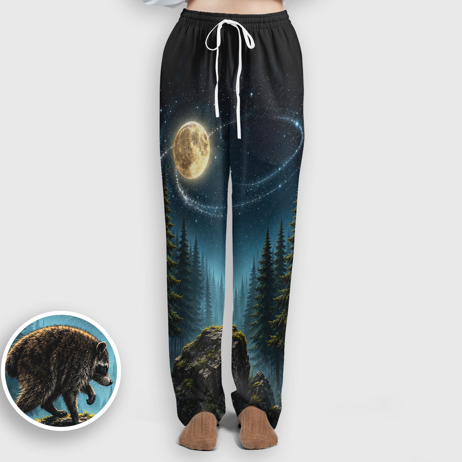 Raccoon On A Moonlit Branch Print Scrub Set, Scrub Pants and V Neck Top