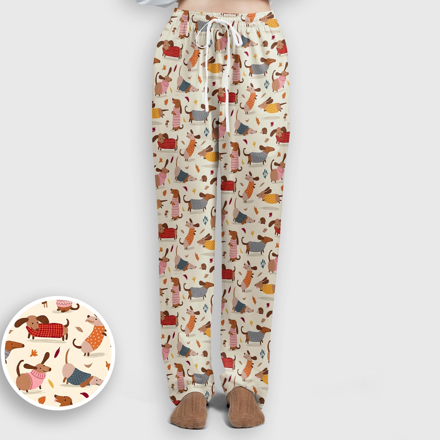 Cute Autumn Dachshund Print Scrub Set, Scrub Pants and V Neck Top