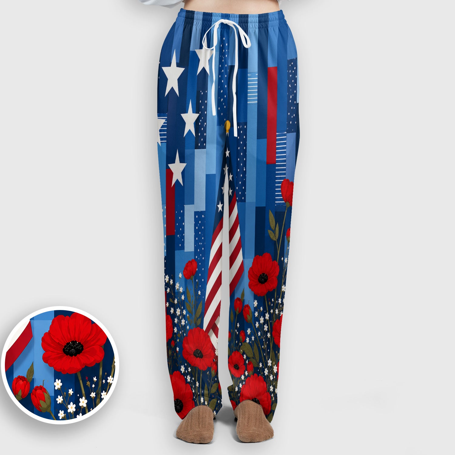 Patriotic Nurse Flag Poppy Pattern Scrub Set, Scrub Pants and V Neck Top